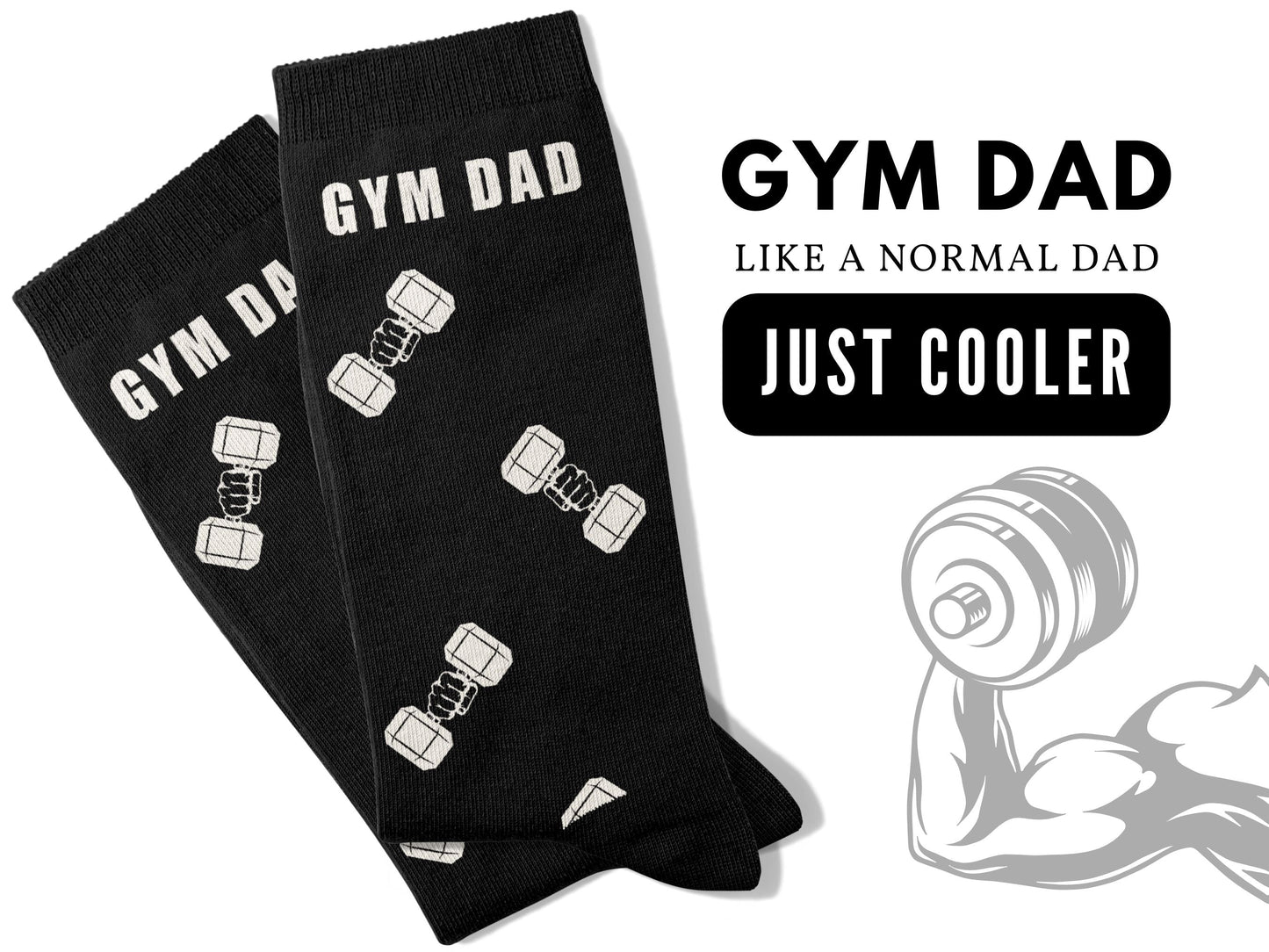 Gym Dad Workout Socks – Fitness Novelty Crew flatlay with text "Gym Dad, like a normal dad, just cooler"