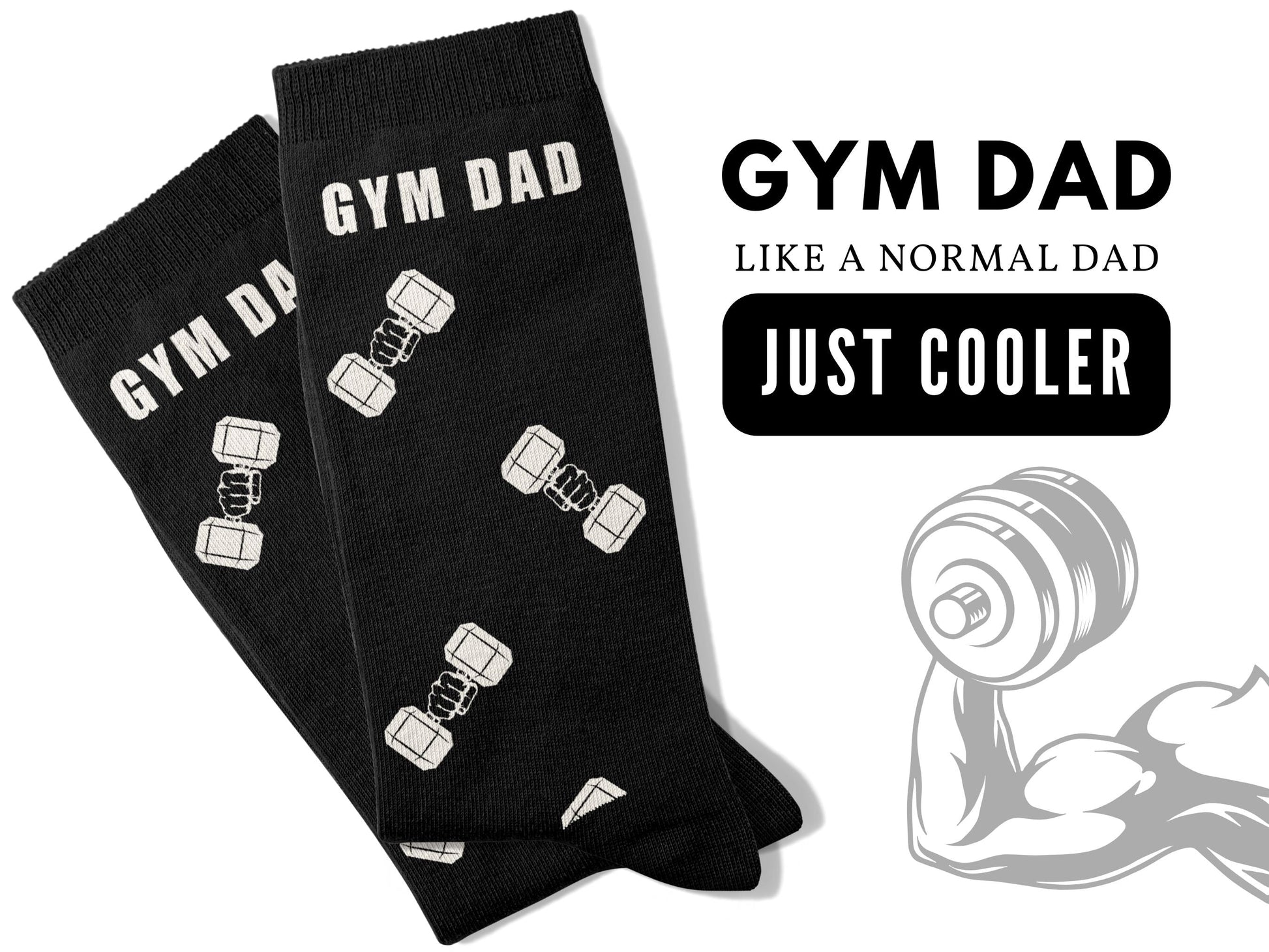 Gym Dad Workout Socks – Fitness Novelty Crew flatlay with text "Gym Dad, like a normal dad, just cooler"