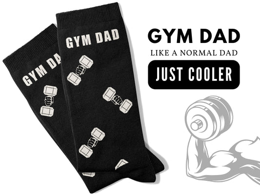 Gym Dad Workout Socks – Fitness Novelty Crew flatlay with text "Gym Dad, like a normal dad, just cooler"
