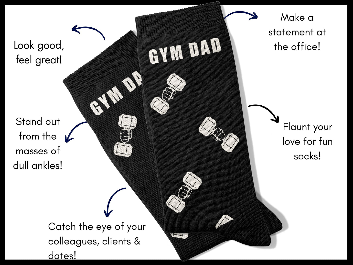 Gym Dad Workout Socks – Fitness Novelty Crew flat lay of socks with benefits highlighted
