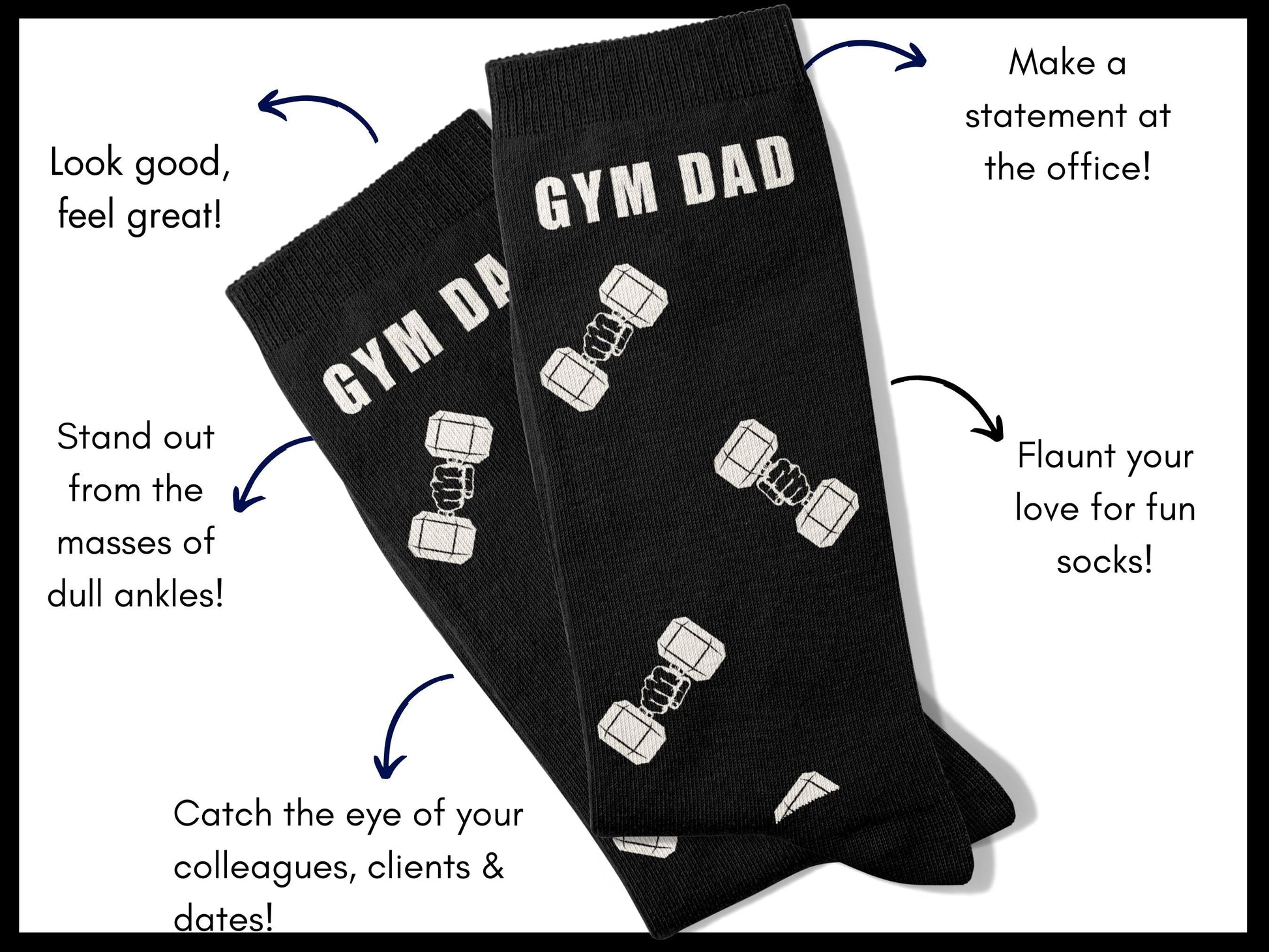 Gym Dad Workout Socks – Fitness Novelty Crew flat lay of socks with benefits highlighted