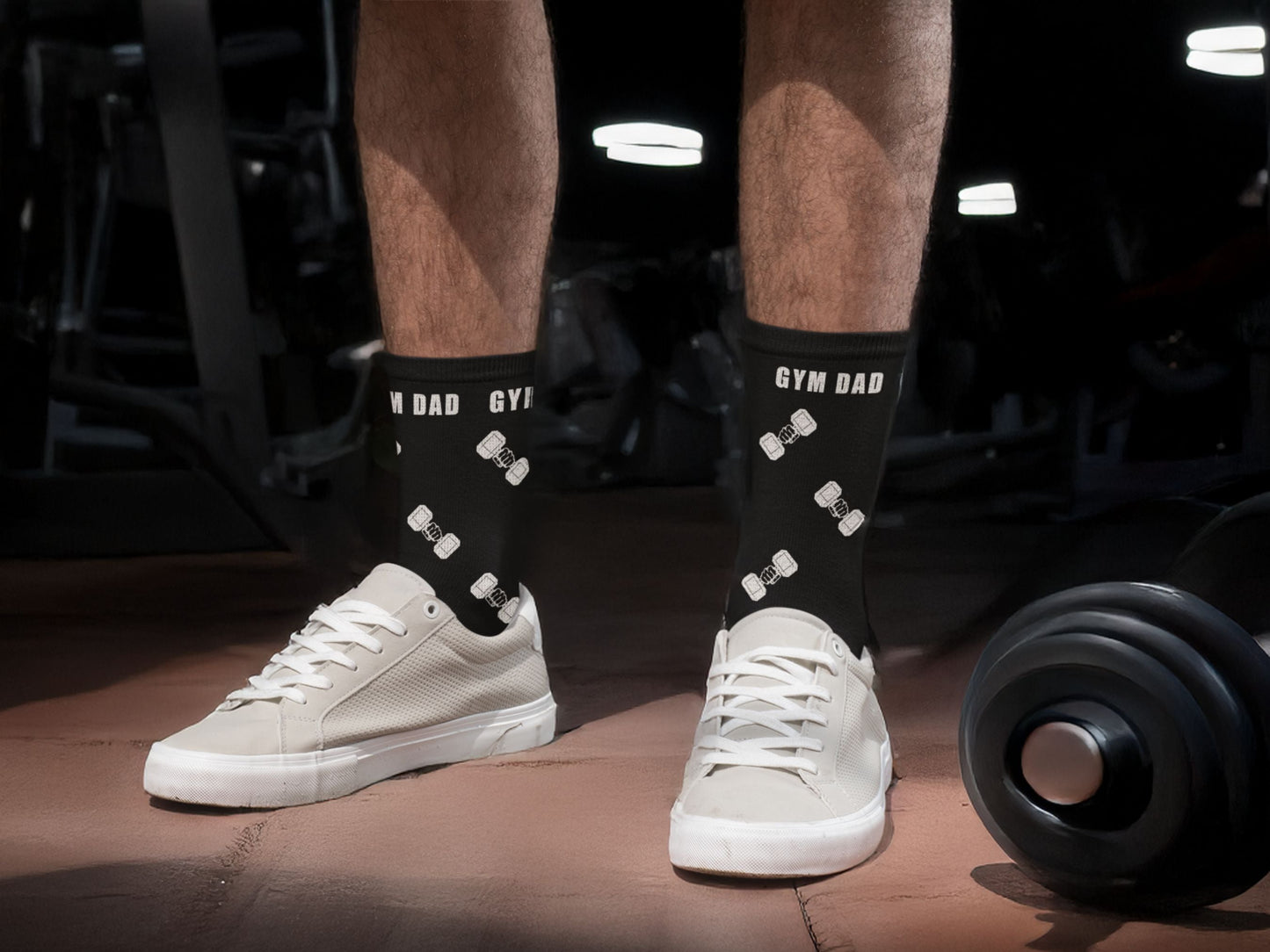 Gym Dad Workout Socks – Fitness Novelty Crew lifestyle vibe shot in a gym