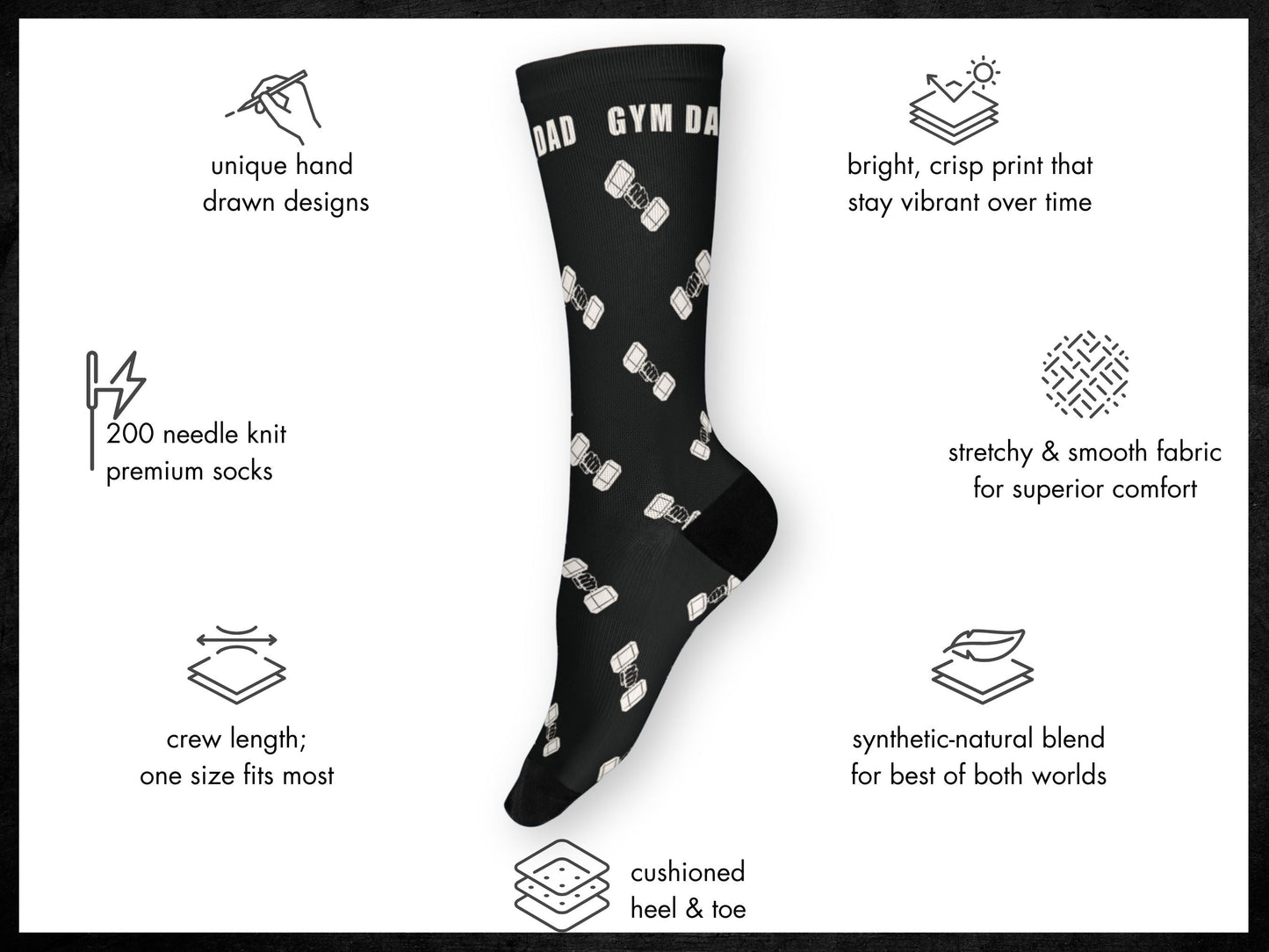 Gym Dad Workout Socks – Fitness Novelty Crew floating mockup with features highlighted