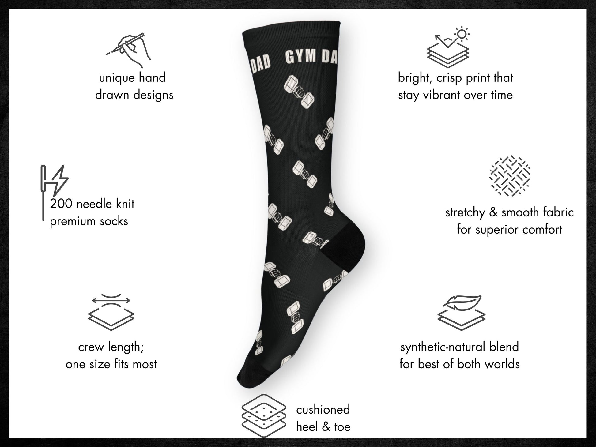 Gym Dad Workout Socks – Fitness Novelty Crew floating mockup with features highlighted