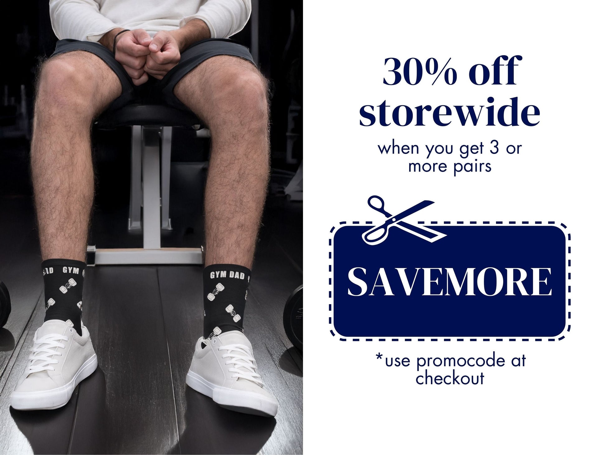 Gym Dad Workout Socks – Fitness Novelty Crew promo code offer with socks as background
