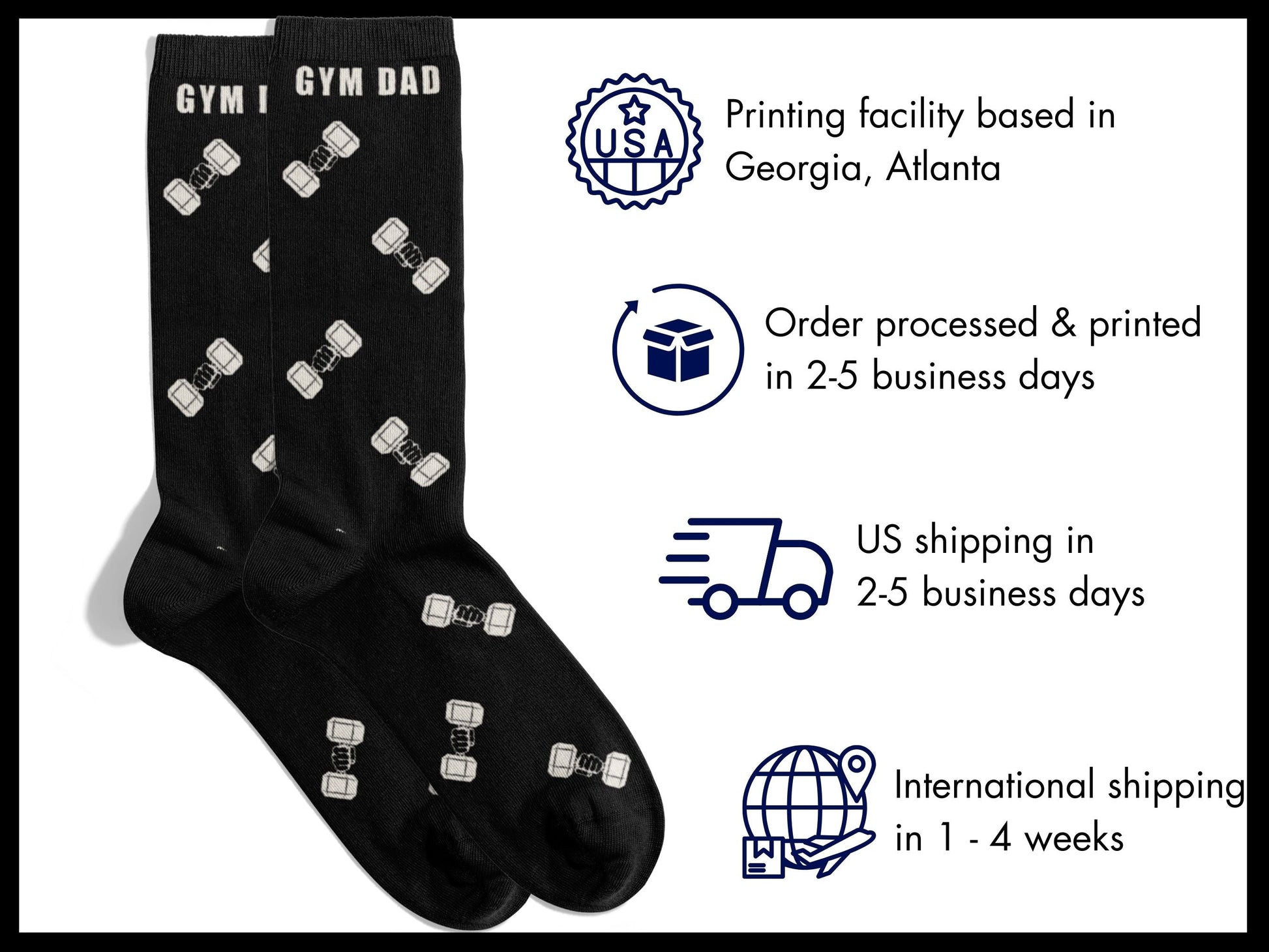 Gym Dad Workout Socks – Fitness Novelty Crew flat lay of socks with shipping details overlay
