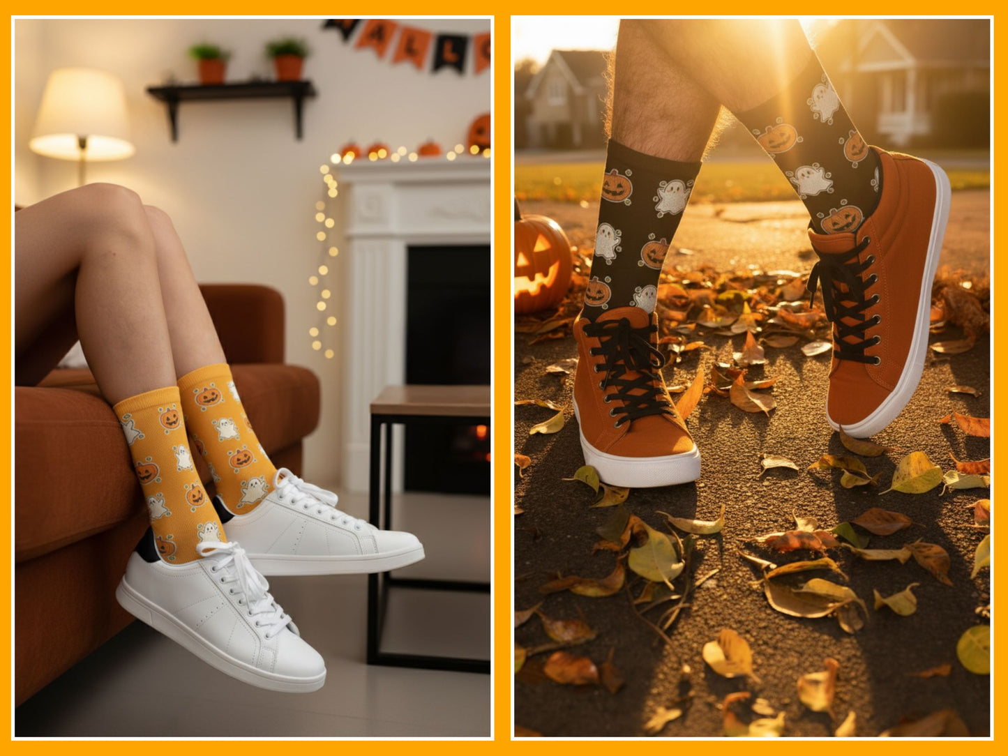 Two images showing socks with pumpkin designs worn with white sneakers in a cozy living room and outdoors.
