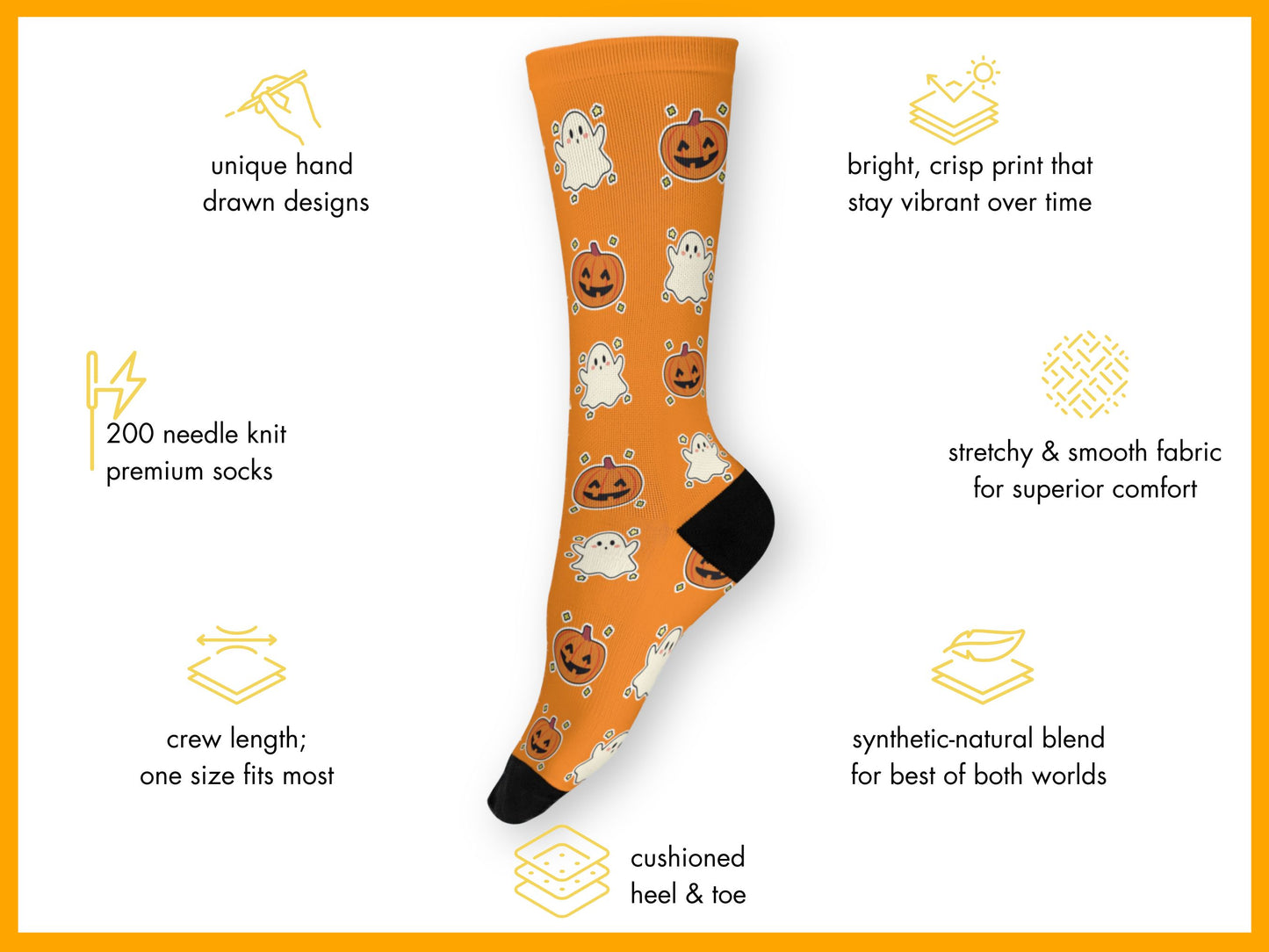 Orange sock with Halloween-themed design on a white background with feature text.