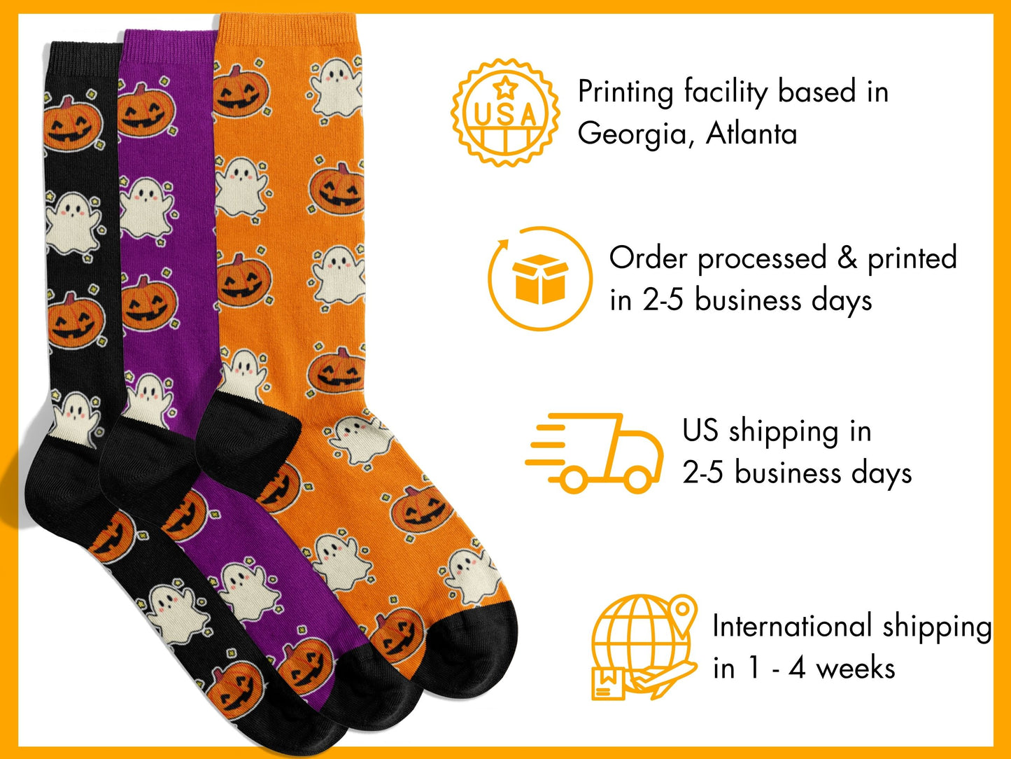 Halloween-themed socks with ghost, pumpkin, and ghost-in-a-bathtub design on a white background with shipping and printing information.