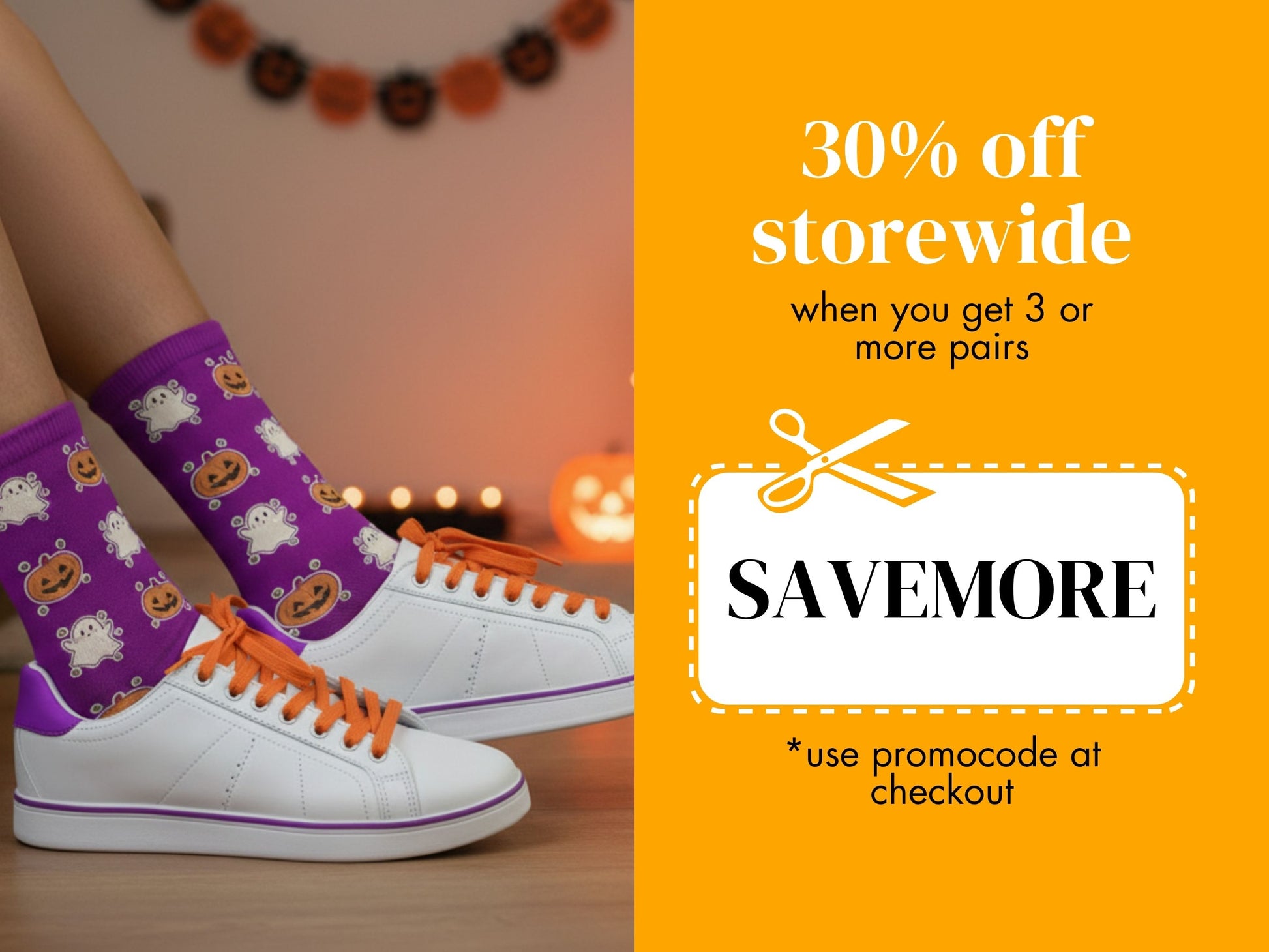 Person wearing purple Halloween-themed socks with white sneakers on a wooden floor, promotional text for Savemore on an orange background.