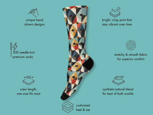 Japanese Geometric Dress Socks floating mockup with features highlighted