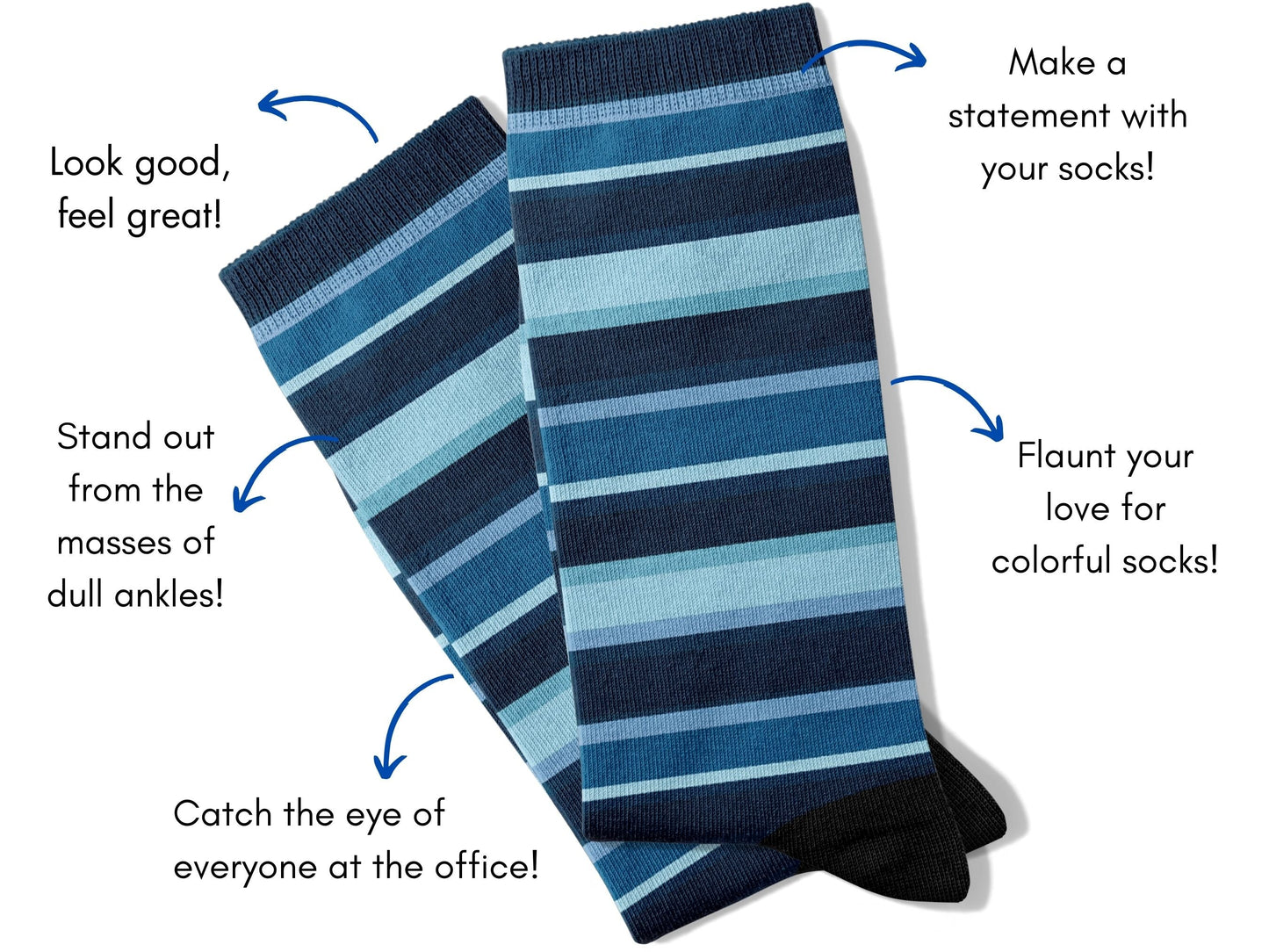 Luxury Striped Dress Socks – Navy with Color Pop flat lay of socks with benefits highlighted