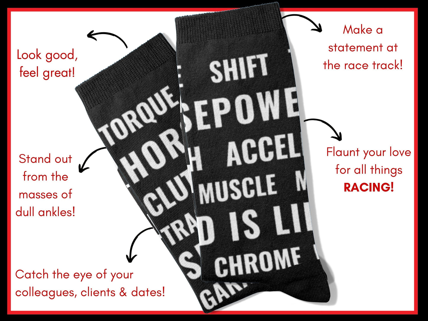 Motorsports Fan Automotive Text Socks – Novelty Crew flat lay of socks with benefits highlighted