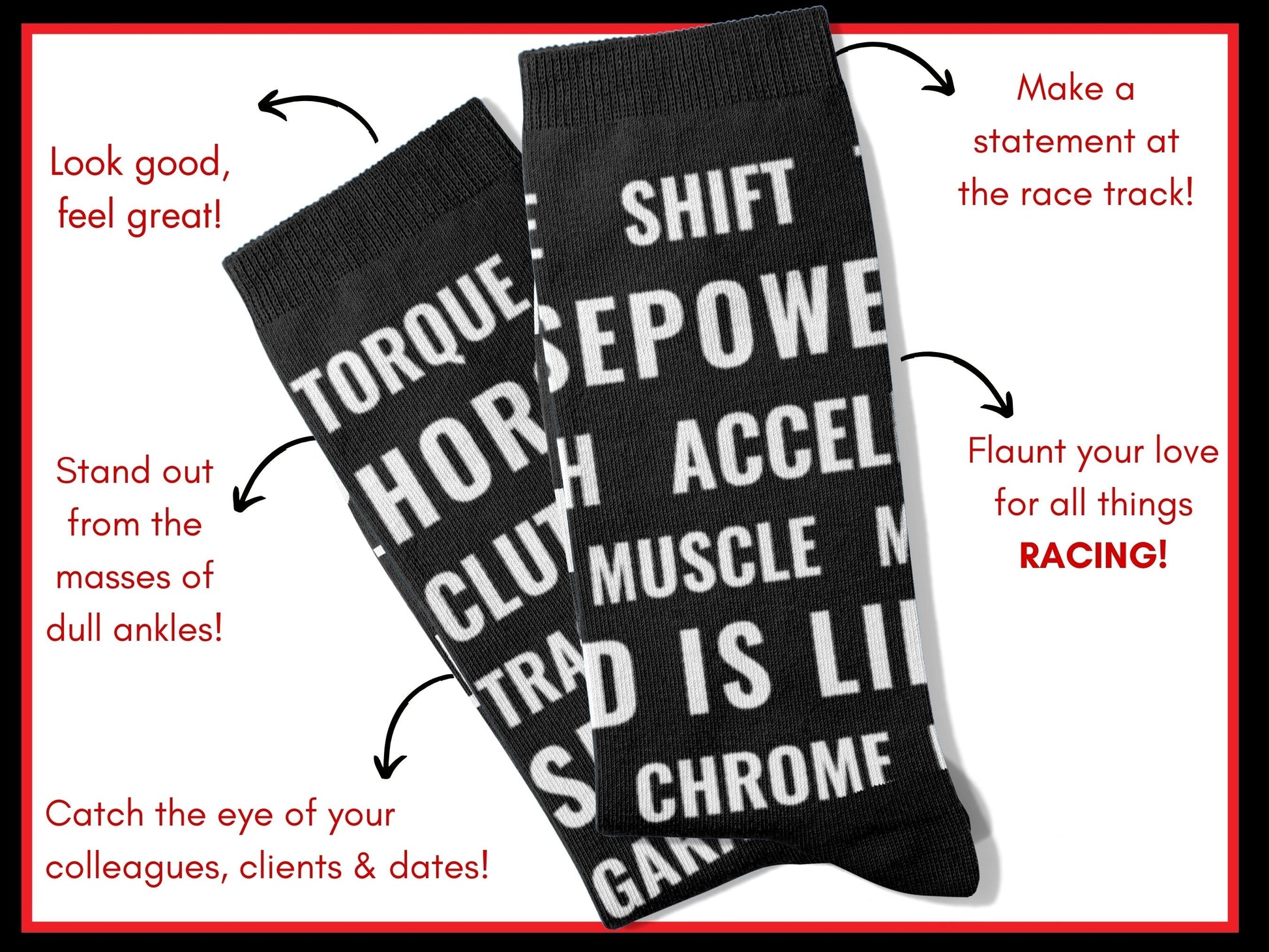 Motorsports Fan Automotive Text Socks – Novelty Crew flat lay of socks with benefits highlighted