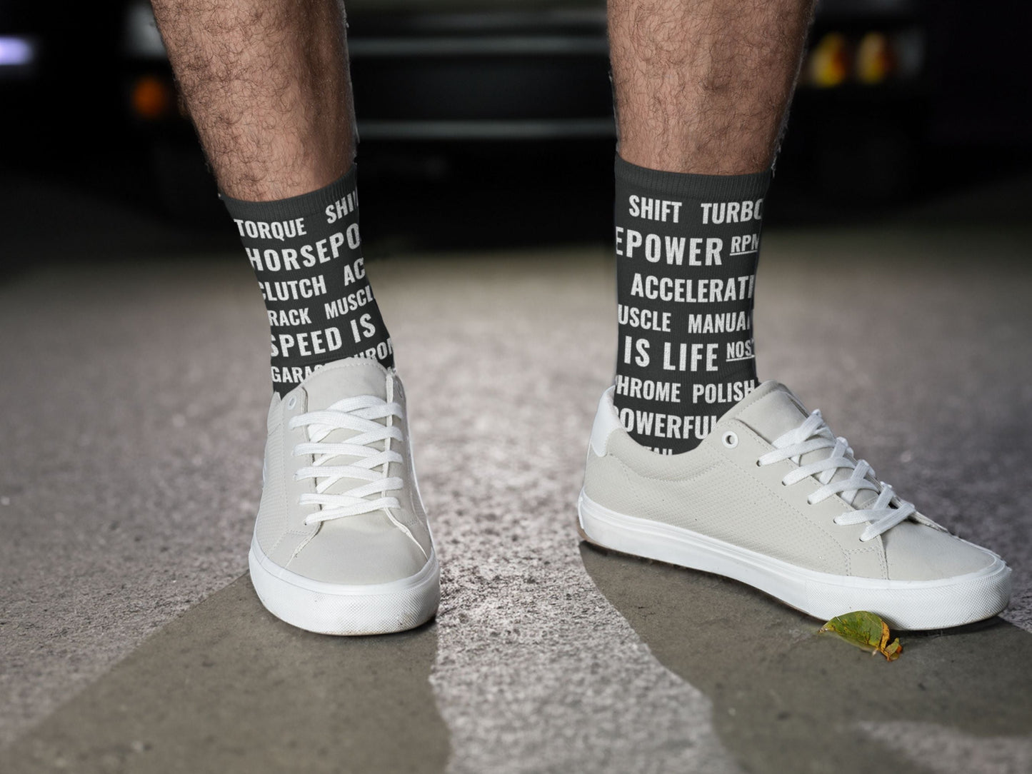 Motorsports Fan Automotive Text Socks – Novelty Crew lifestyle vibe shot in a real-life setting