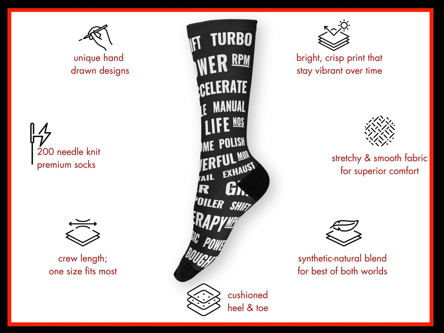 Motorsports Fan Automotive Text Socks – Novelty Crew floating mockup with features highlighted