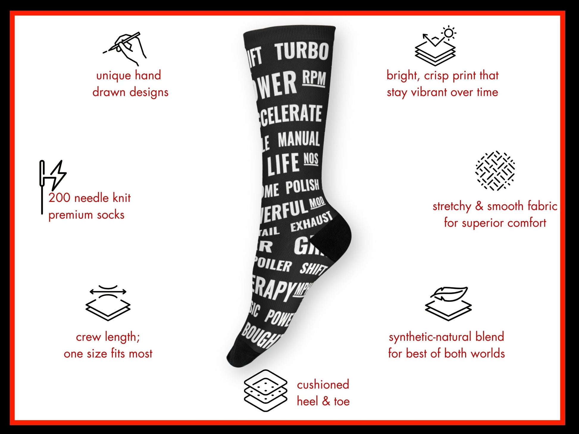 Motorsports Fan Automotive Text Socks – Novelty Crew floating mockup with features highlighted