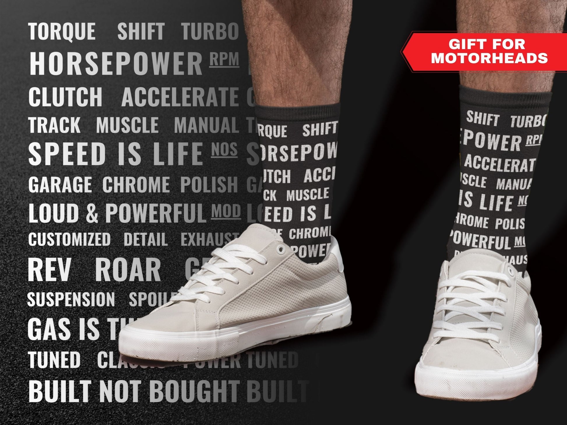 Motorsports Fan Automotive Text Socks – Novelty Crew in a lifestyle shot with text "Gift for Motorheads"