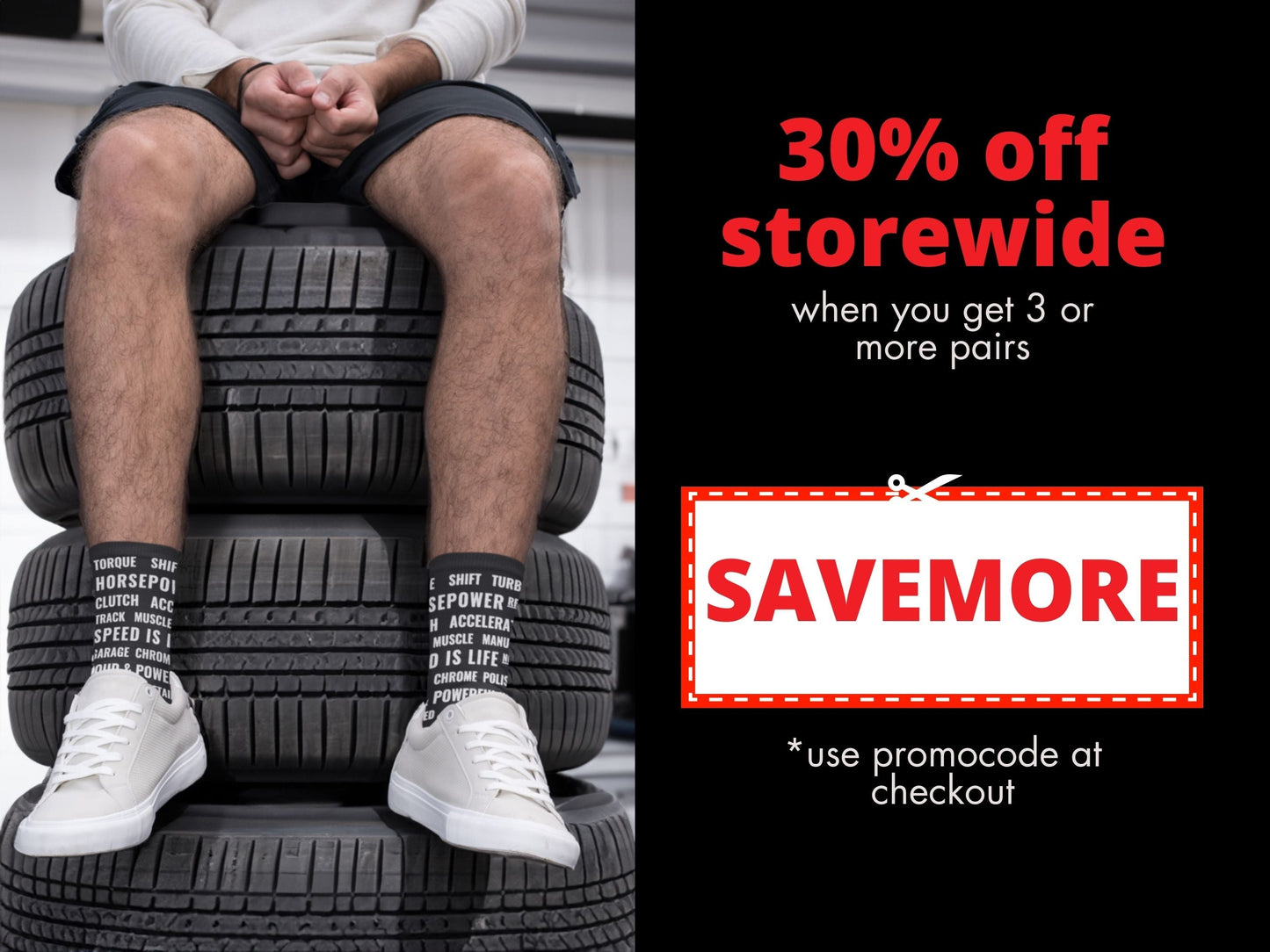 Motorsports Fan Automotive Text Socks – Novelty Crew promo code offer with socks as background