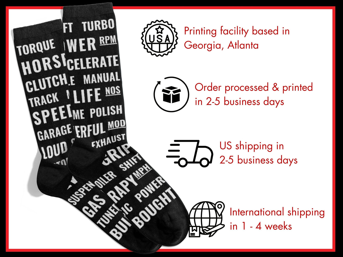 Motorsports Fan Automotive Text Socks – Novelty Crew flat lay of socks with shipping details overlay