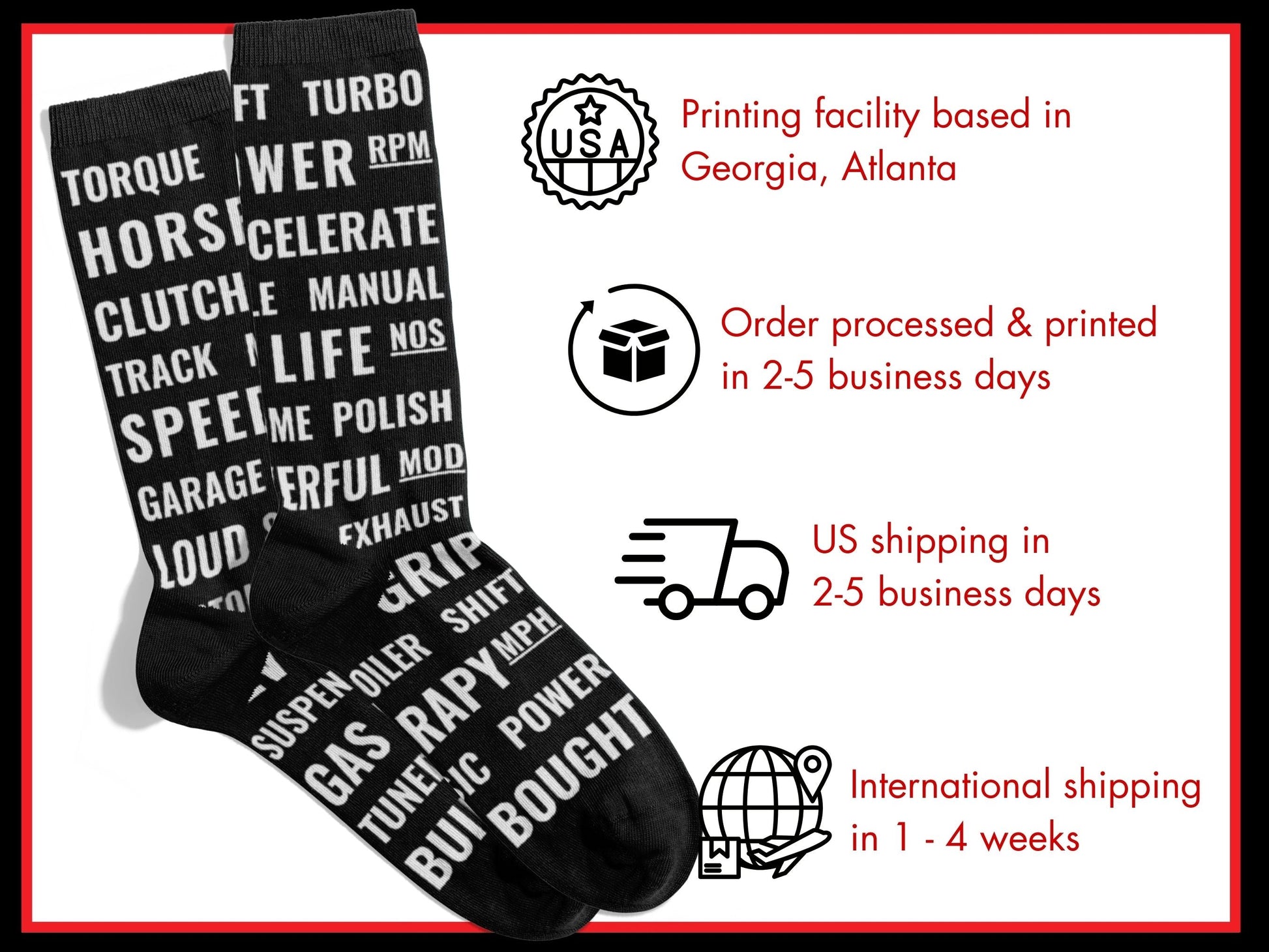 Motorsports Fan Automotive Text Socks – Novelty Crew flat lay of socks with shipping details overlay