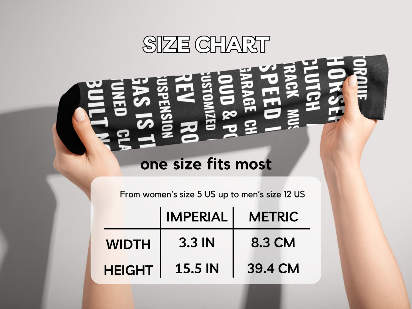 Motorsports Fan Automotive Text Socks – Novelty Crew hands stretching socks with size chart overlay