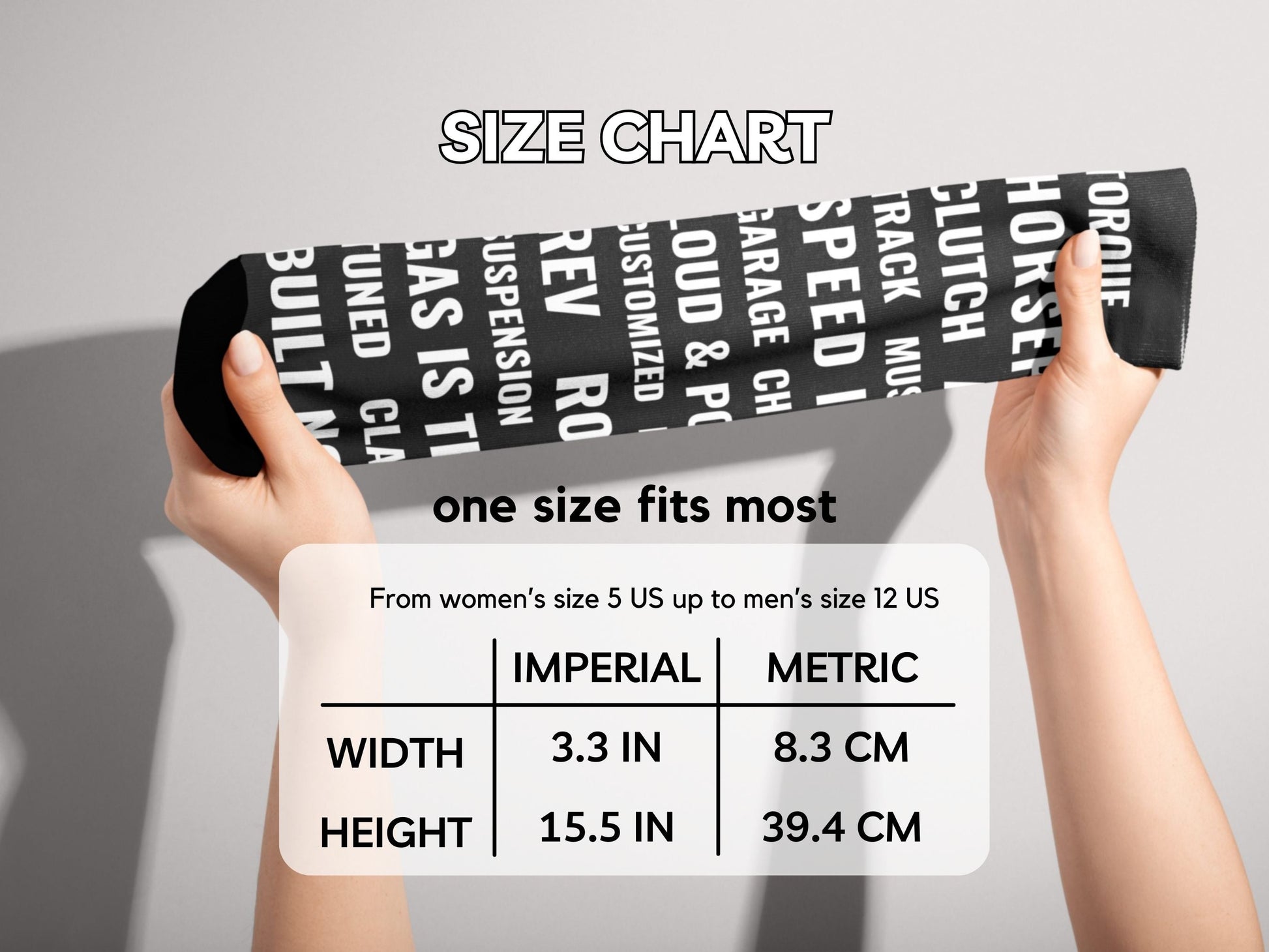 Motorsports Fan Automotive Text Socks – Novelty Crew hands stretching socks with size chart overlay