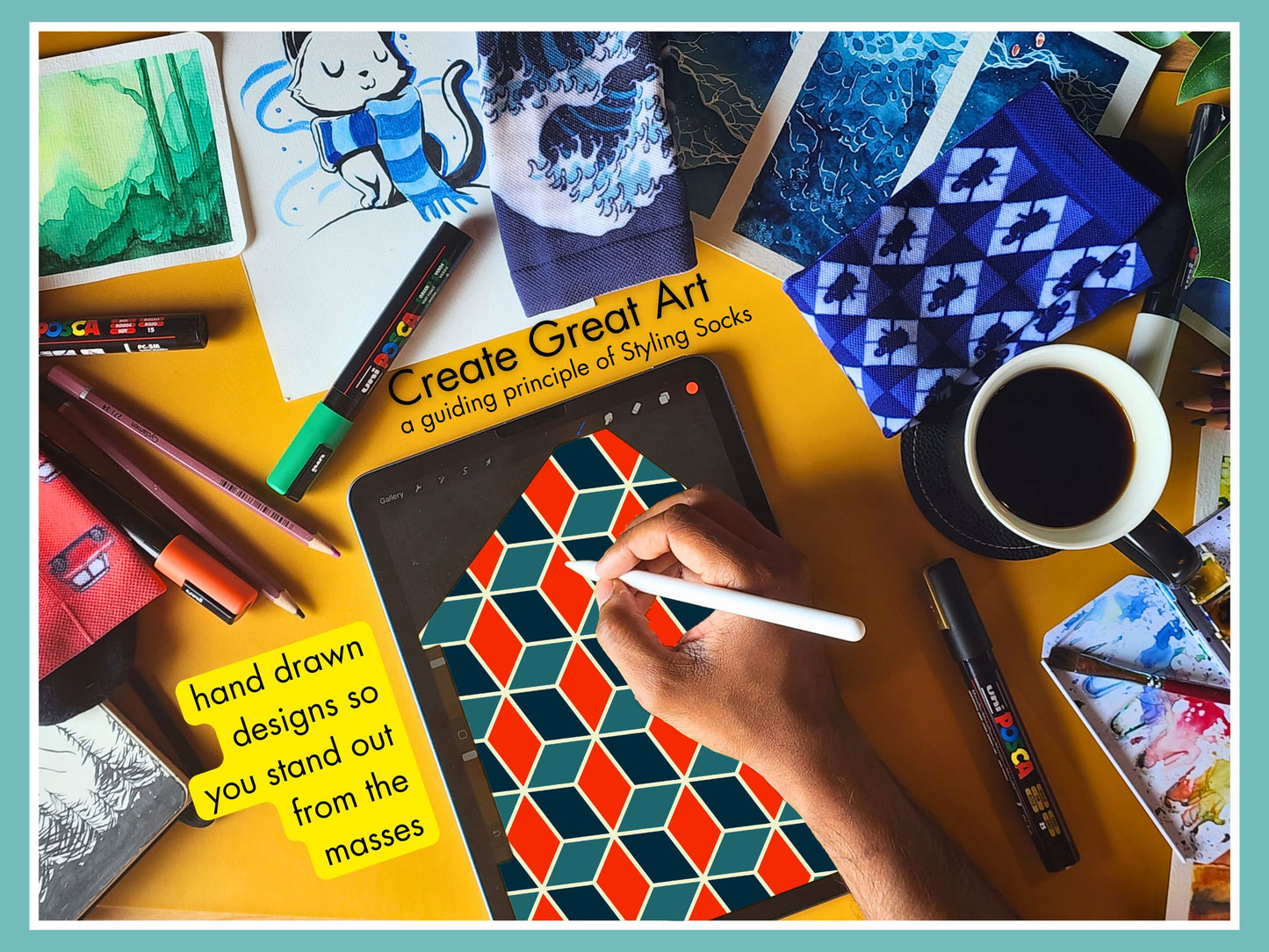 Nautical Geometric Socks artist hand drawing the sock design on a tablet