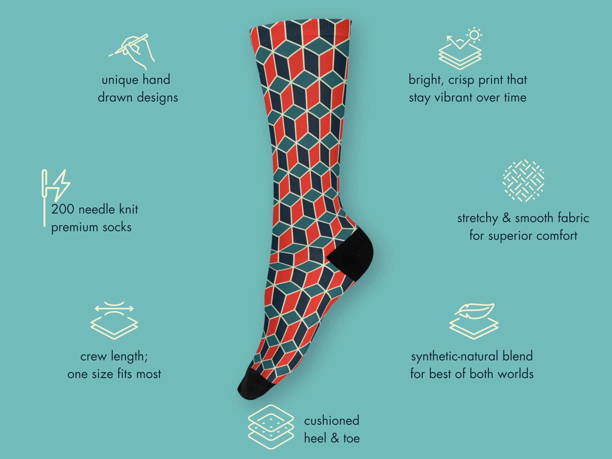 Nautical Geometric Socks floating mockup with features highlighted