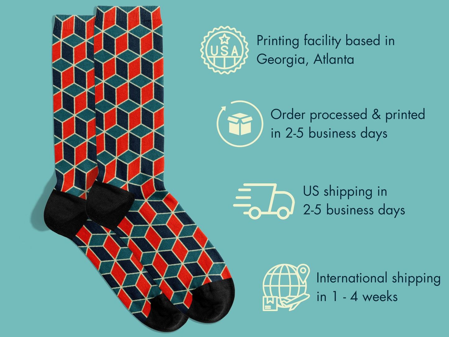 Nautical Geometric Socks flat lay of socks with shipping details overlay