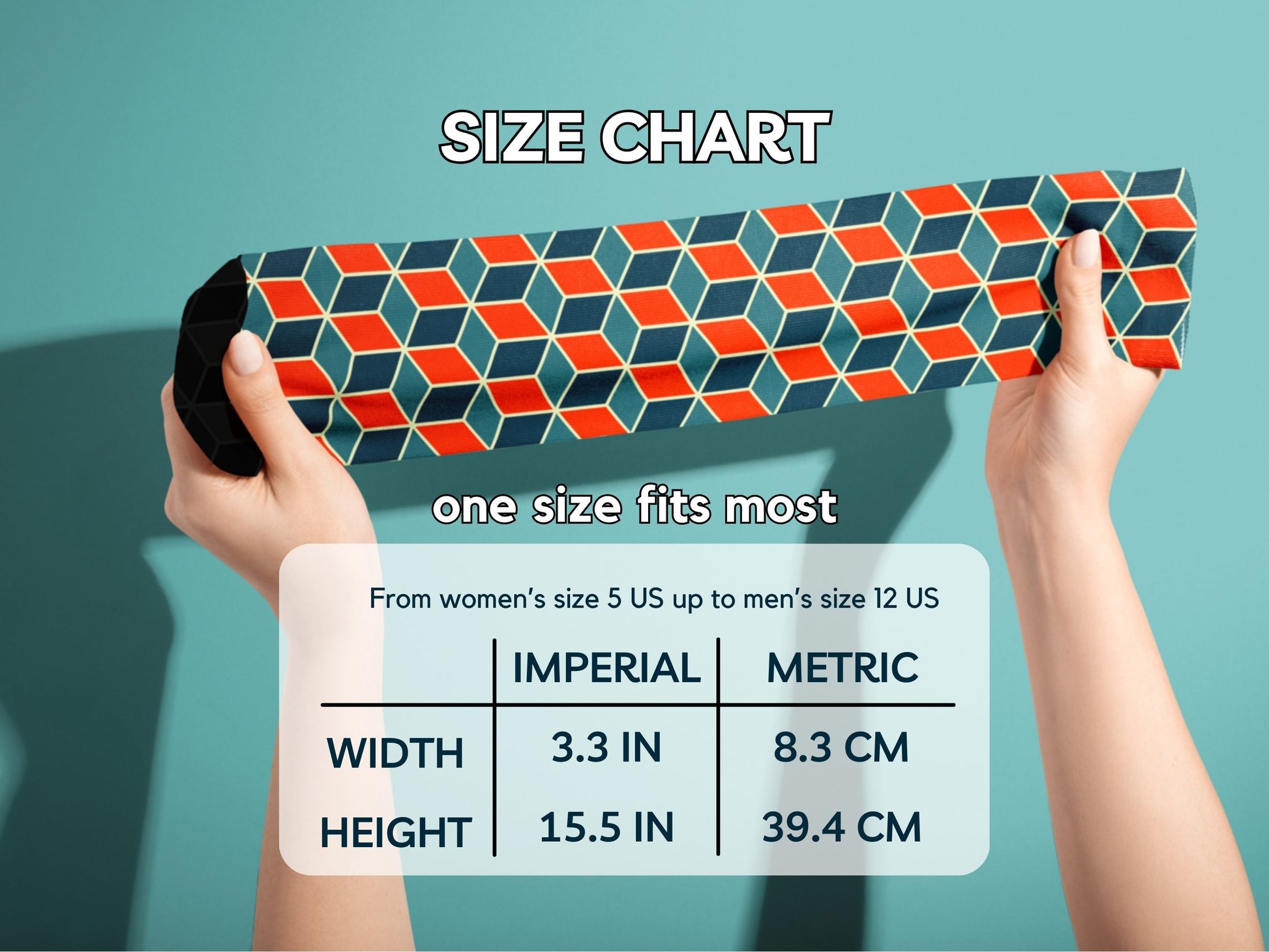 Nautical Geometric Socks hands stretching socks with size chart overlay