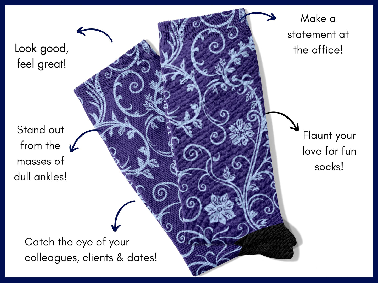 Navy Baroque Floral Dress Socks flat lay of socks with benefits highlighted