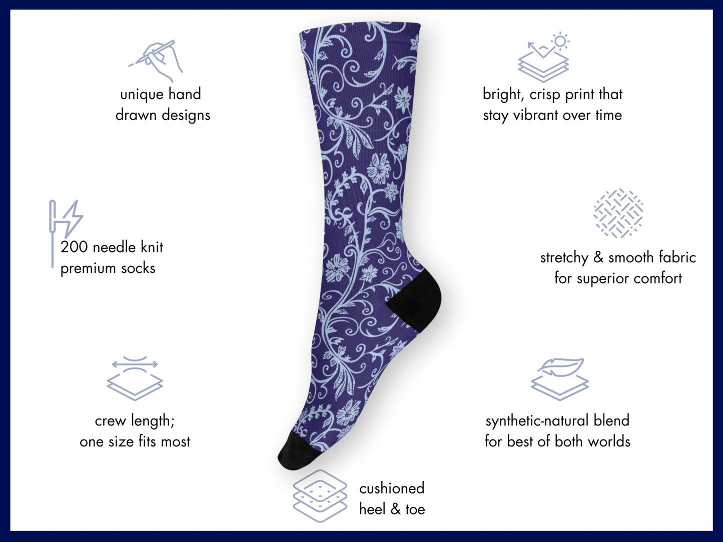 Navy Baroque Floral Dress Socks floating mockup with features highlighted