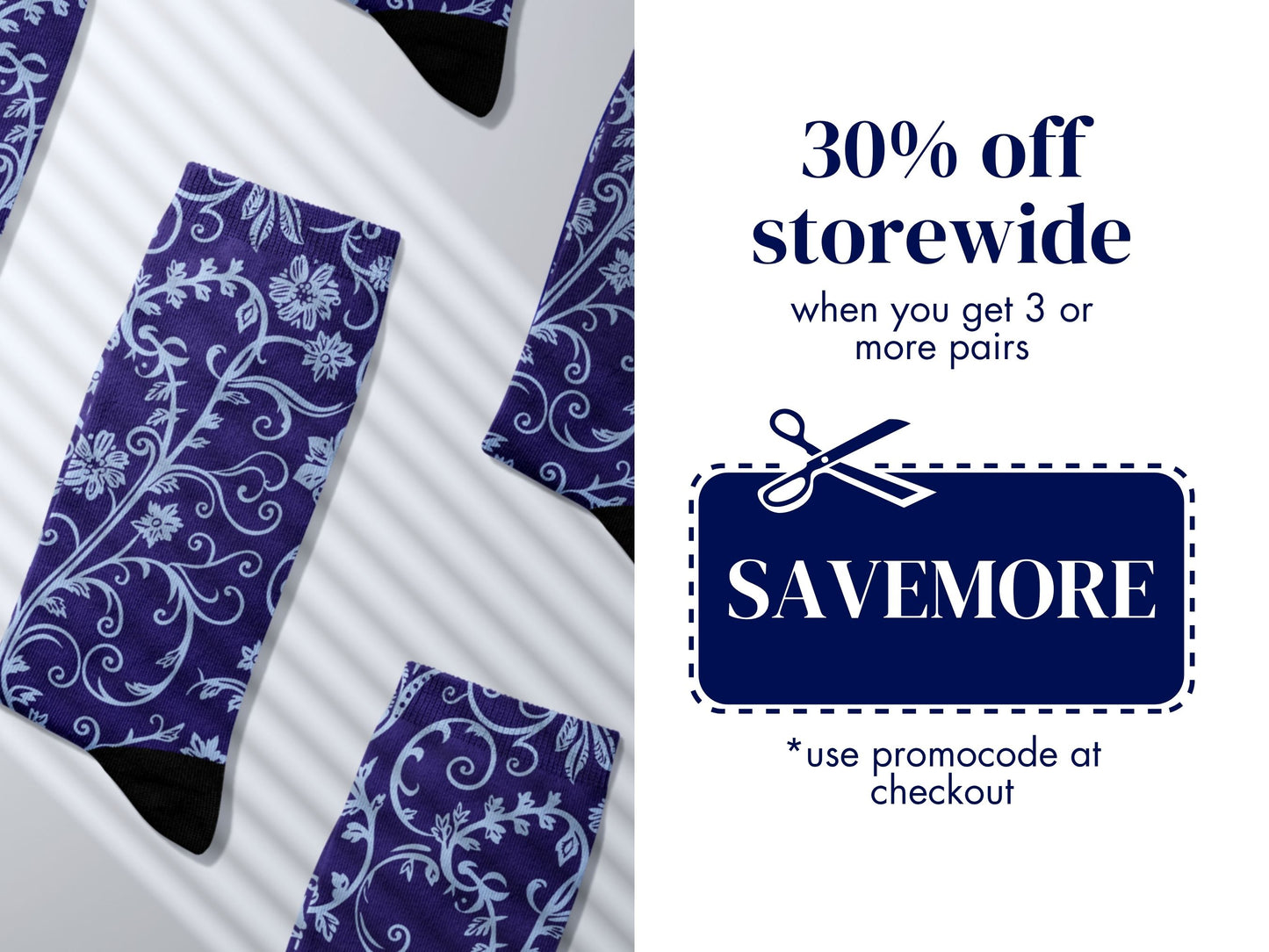 Navy Baroque Floral Dress Socks promo code offer with socks as background