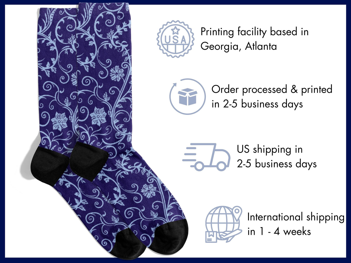 Navy Baroque Floral Dress Socks flat lay of socks with shipping details overlay