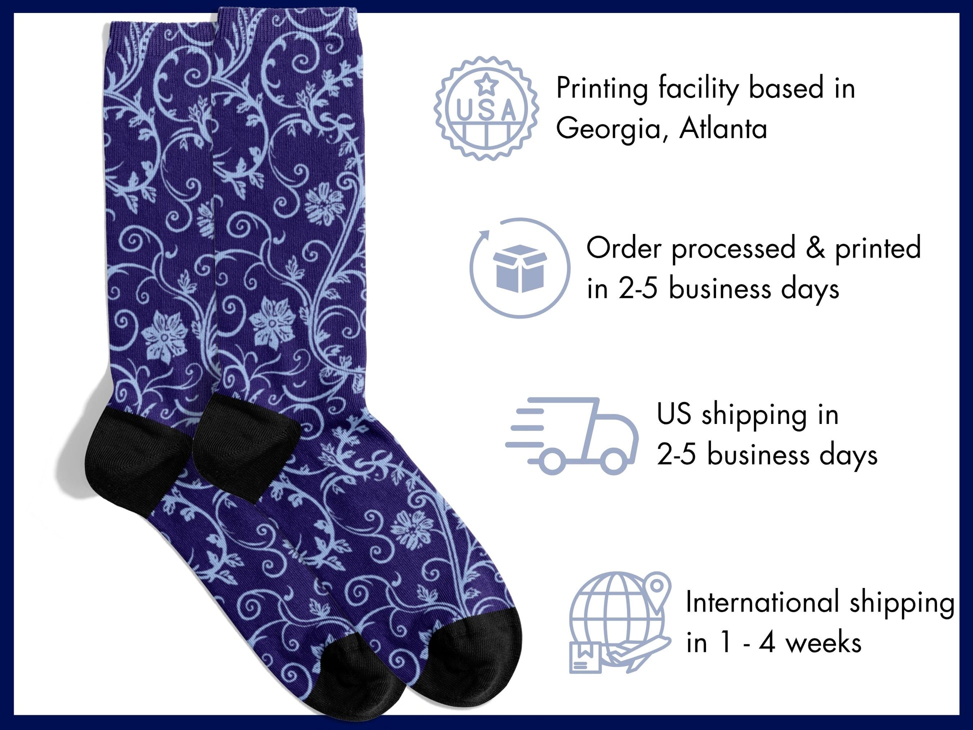 Navy Baroque Floral Dress Socks flat lay of socks with shipping details overlay