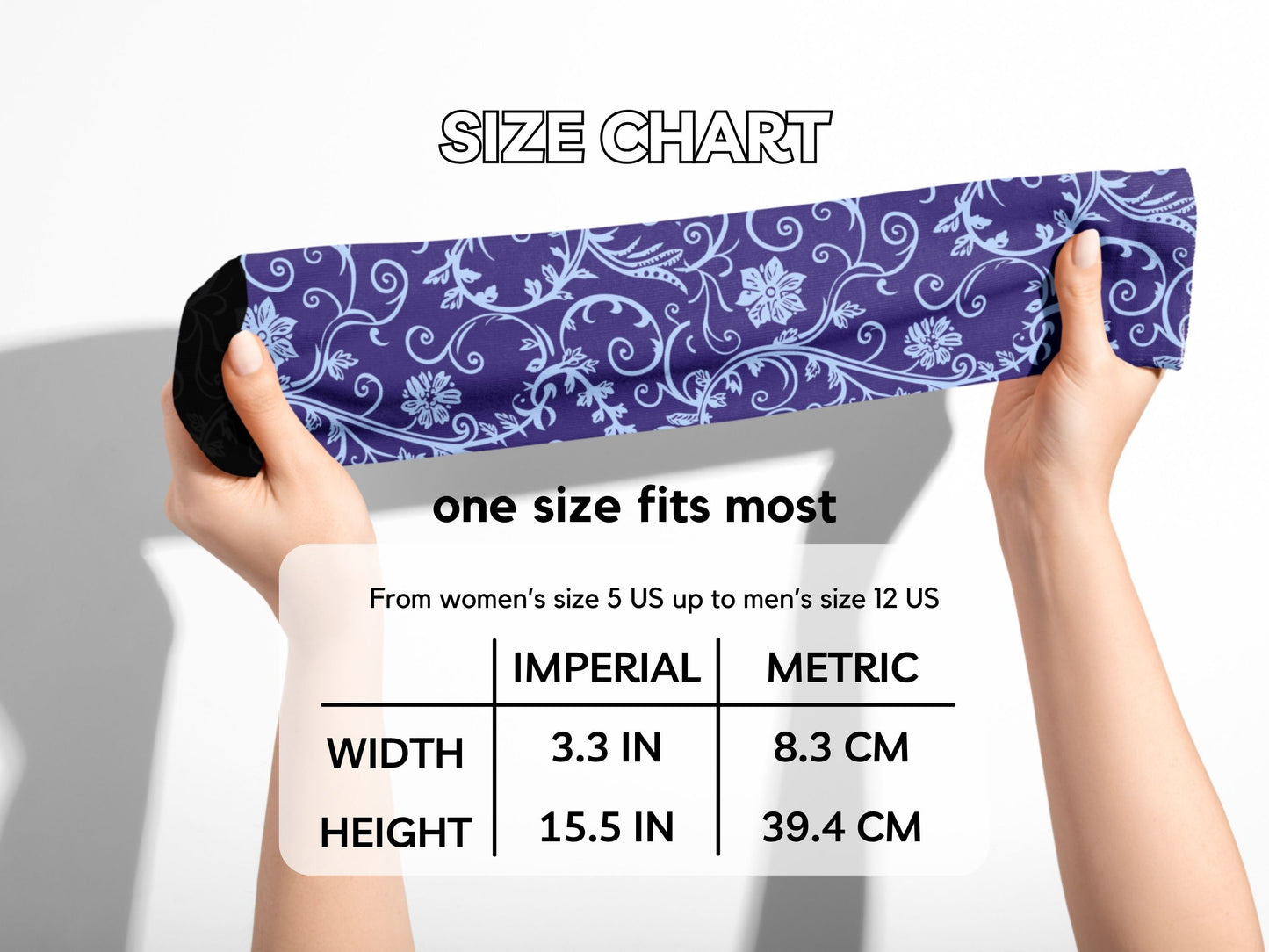 Navy Baroque Floral Dress Socks hands stretching socks with size chart overlay