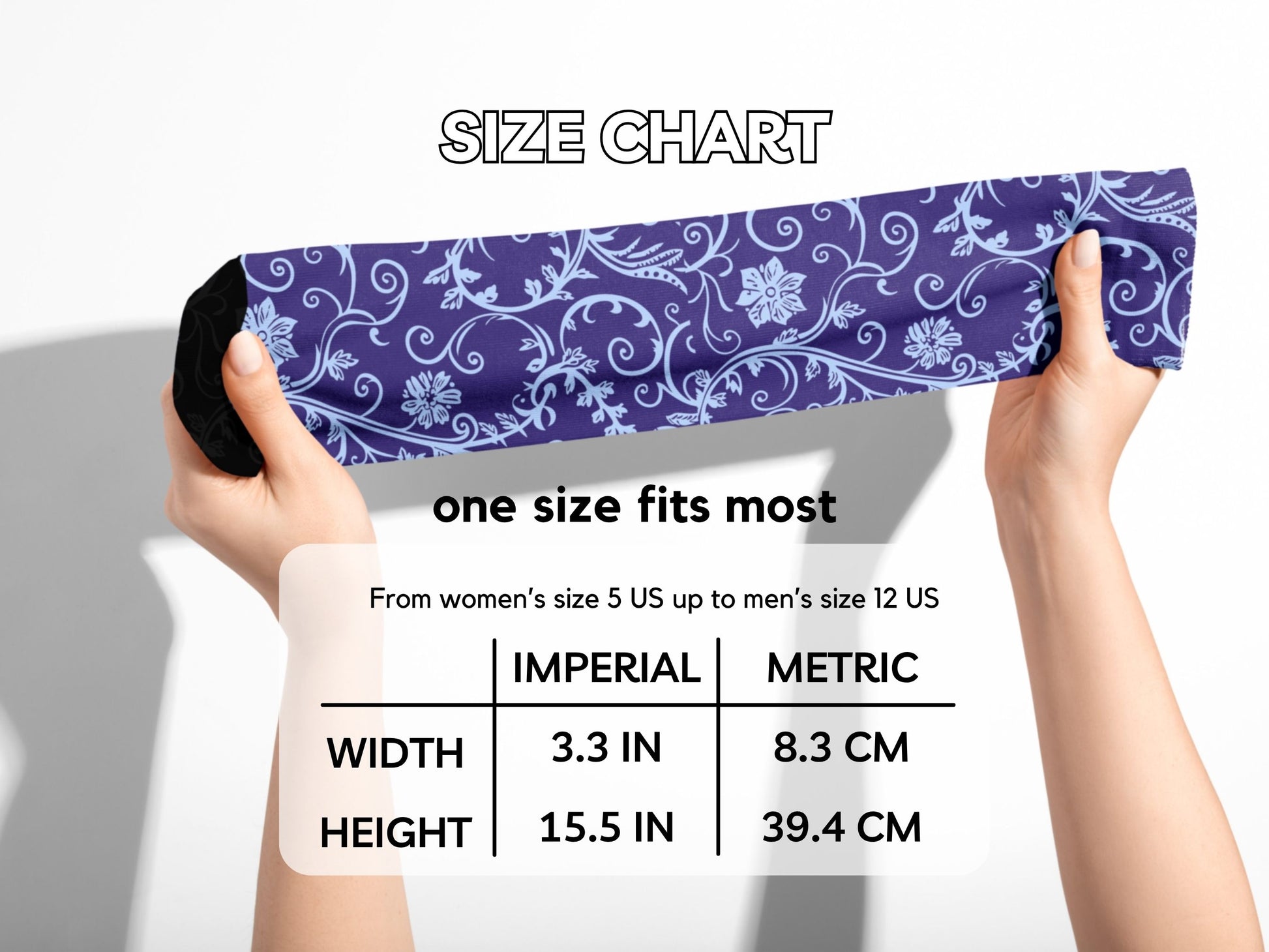 Navy Baroque Floral Dress Socks hands stretching socks with size chart overlay