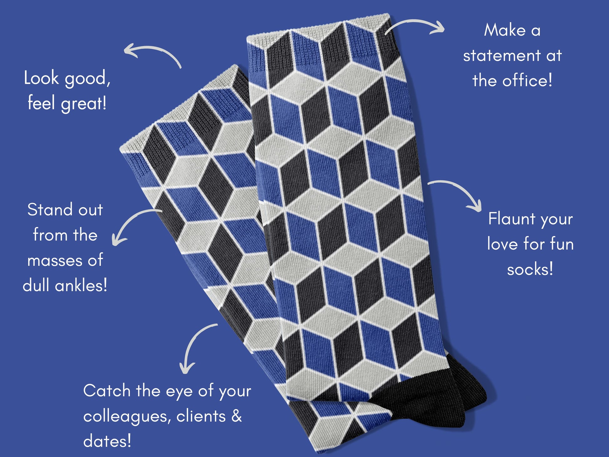 Navy Geometric Dress Socks flat lay of socks with benefits highlighted