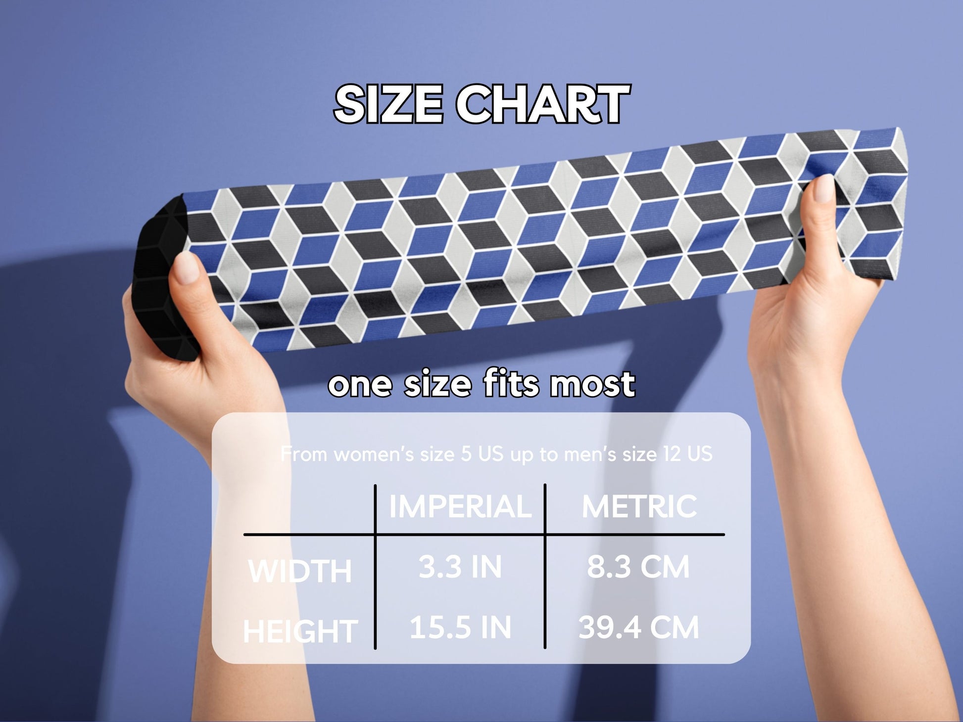 Navy Geometric Dress Socks hands stretching socks with size chart overlay