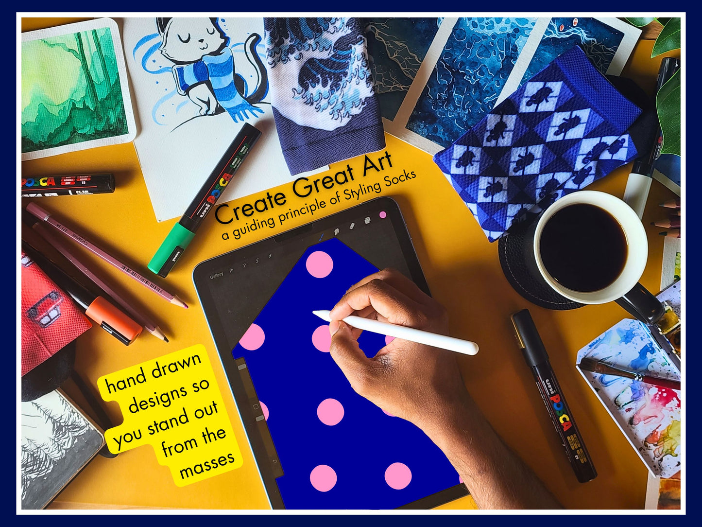Artist hand drawing polka dot design on digital tablet