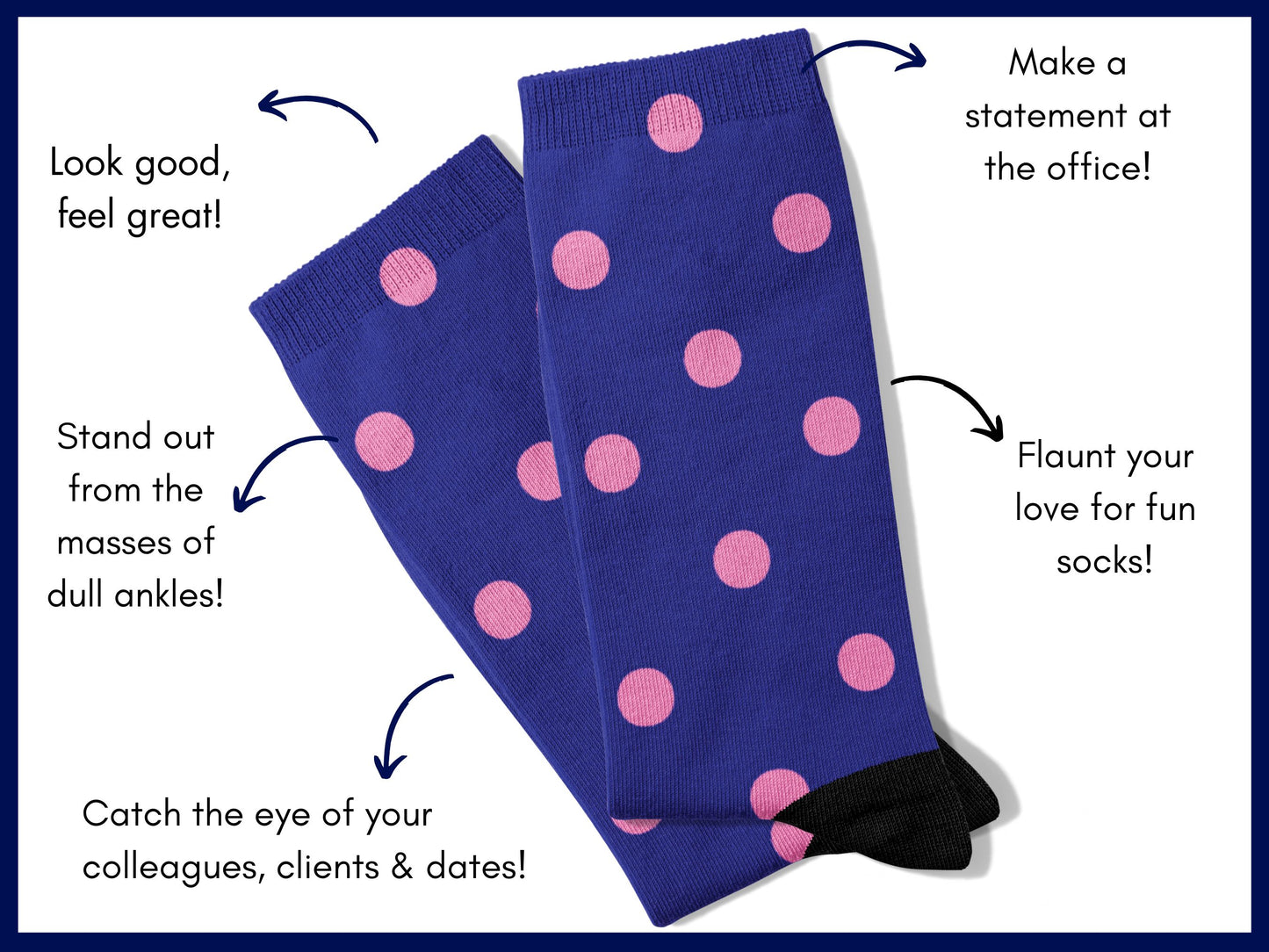 Flat lay of navy polka dot socks with benefits highlighted