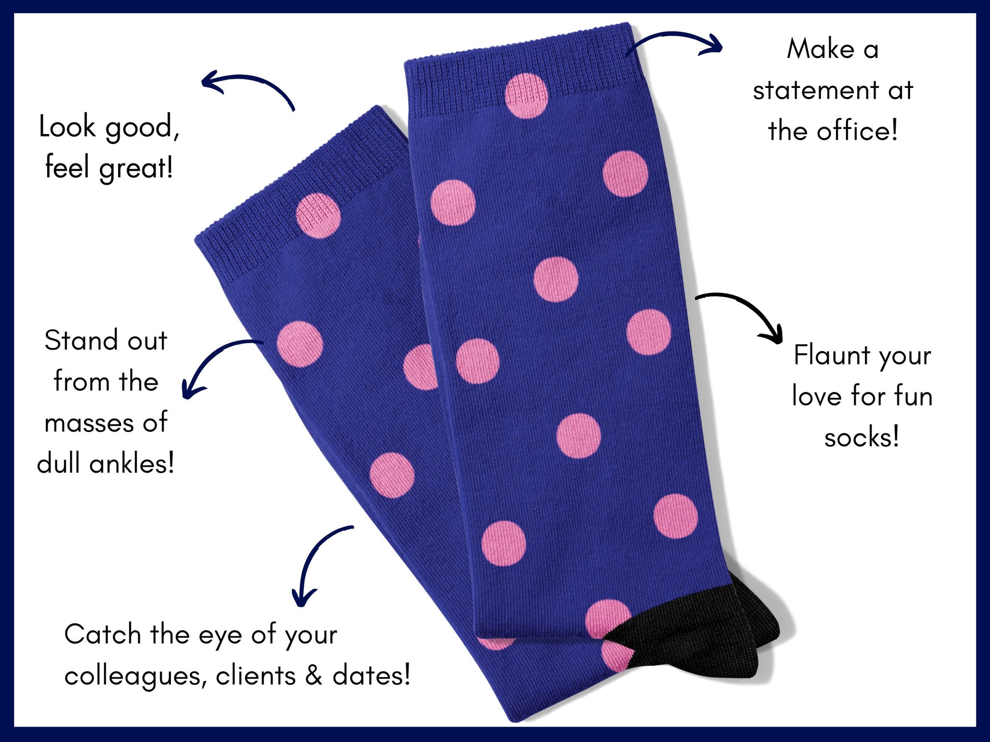Flat lay of navy polka dot socks with benefits highlighted