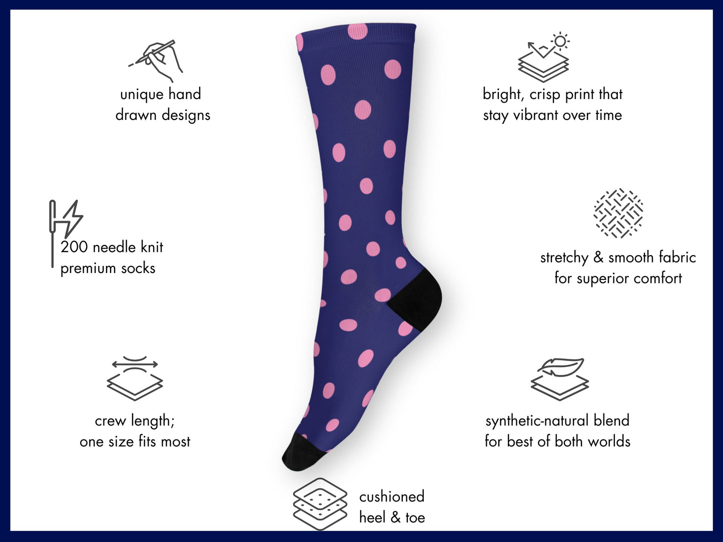 Navy polka dot socks floating mockup with features highlighted