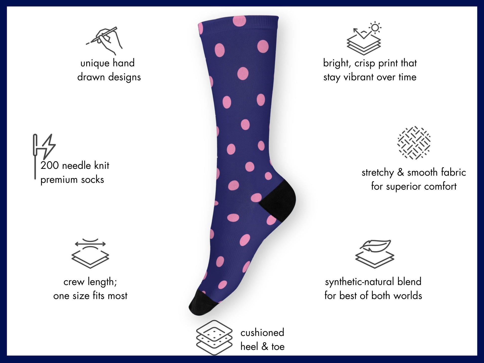 Navy polka dot socks floating mockup with features highlighted