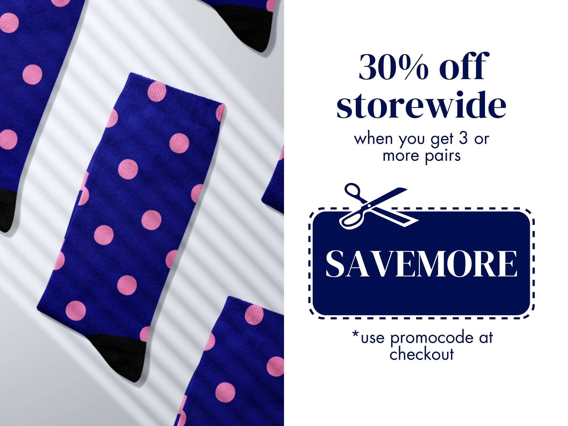 Promo code offer with Navy polka dot socks flat lay background