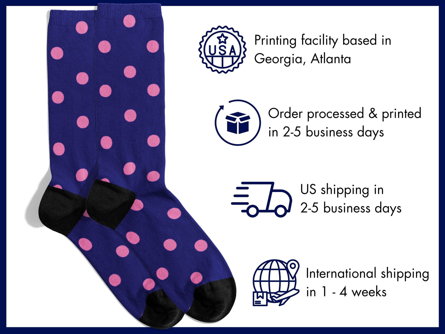 Navy polka dot socks product photo with shipping information