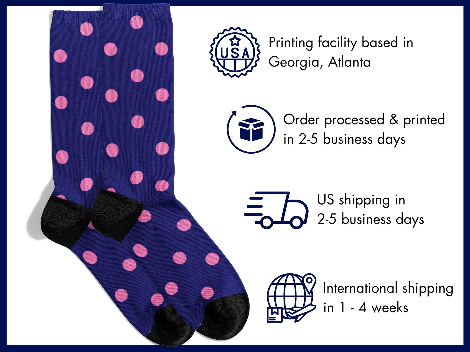 Navy polka dot socks product photo with shipping information