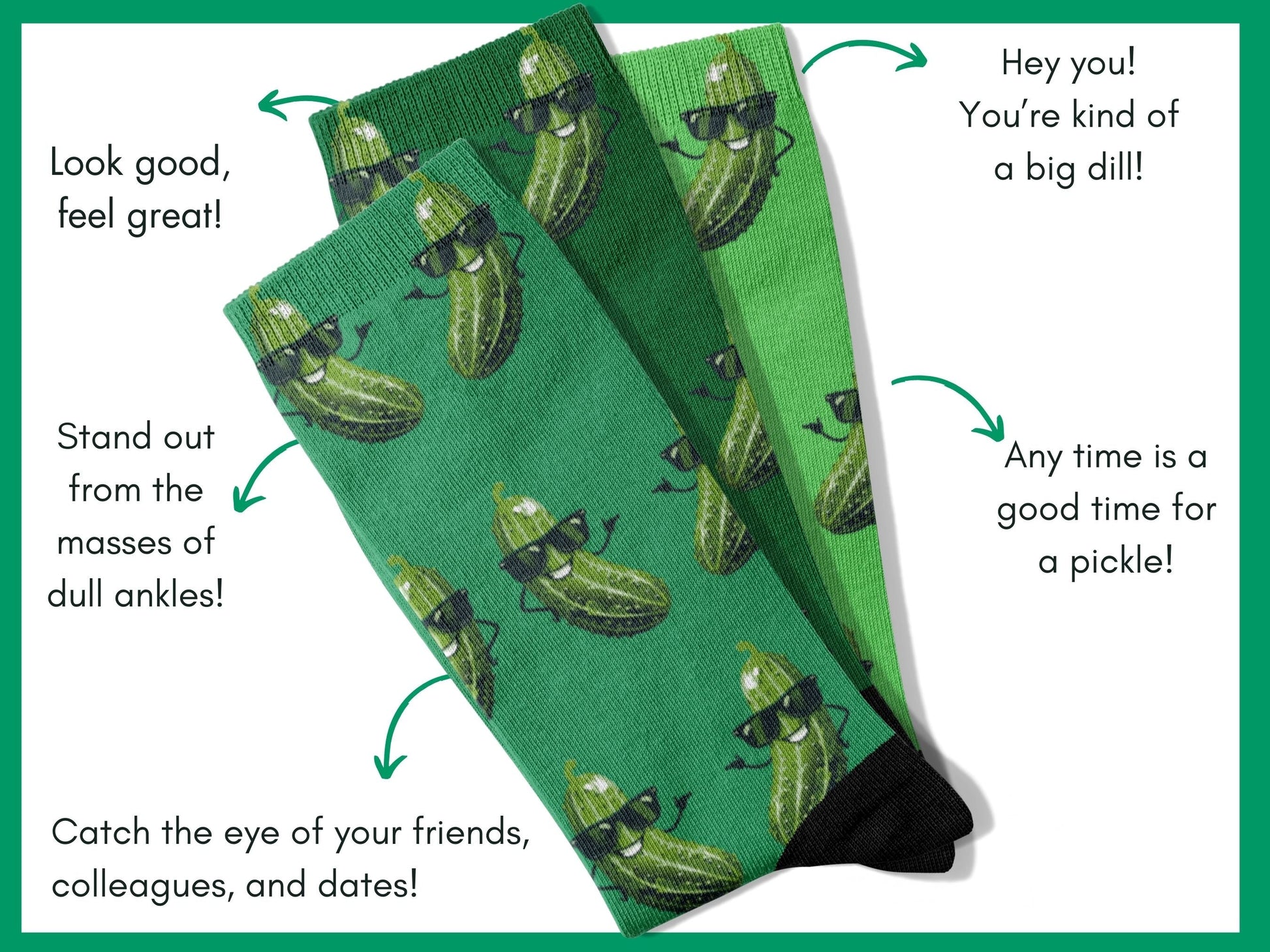 Pickle Socks - Funny Novelty Food Socks for Pickle Lovers - flat lay of socks with benefits highlighted