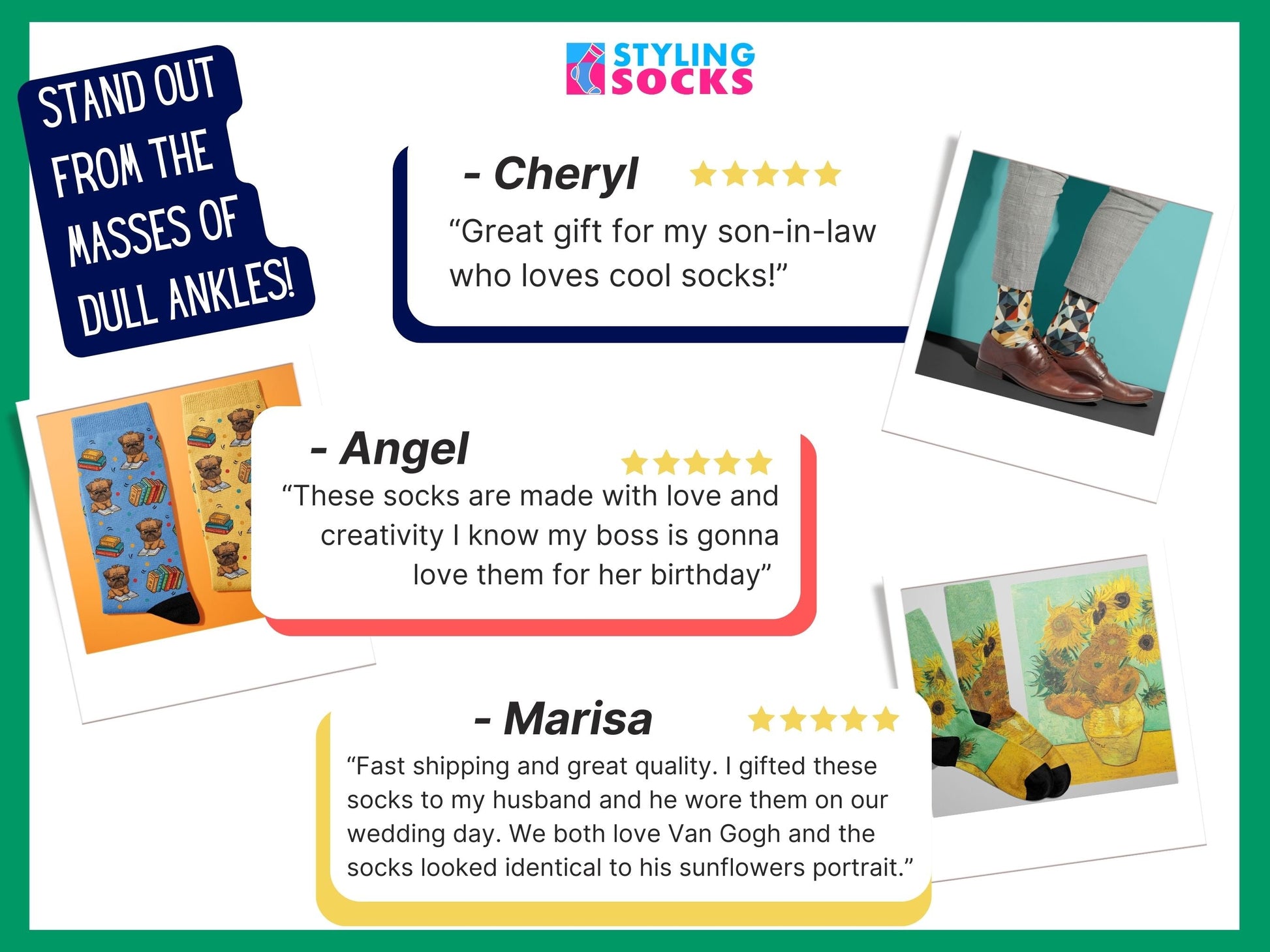 Pickle Socks - Funny Novelty Food Socks for Pickle Lovers - customer review collage showcasing Styling Socks testimonials